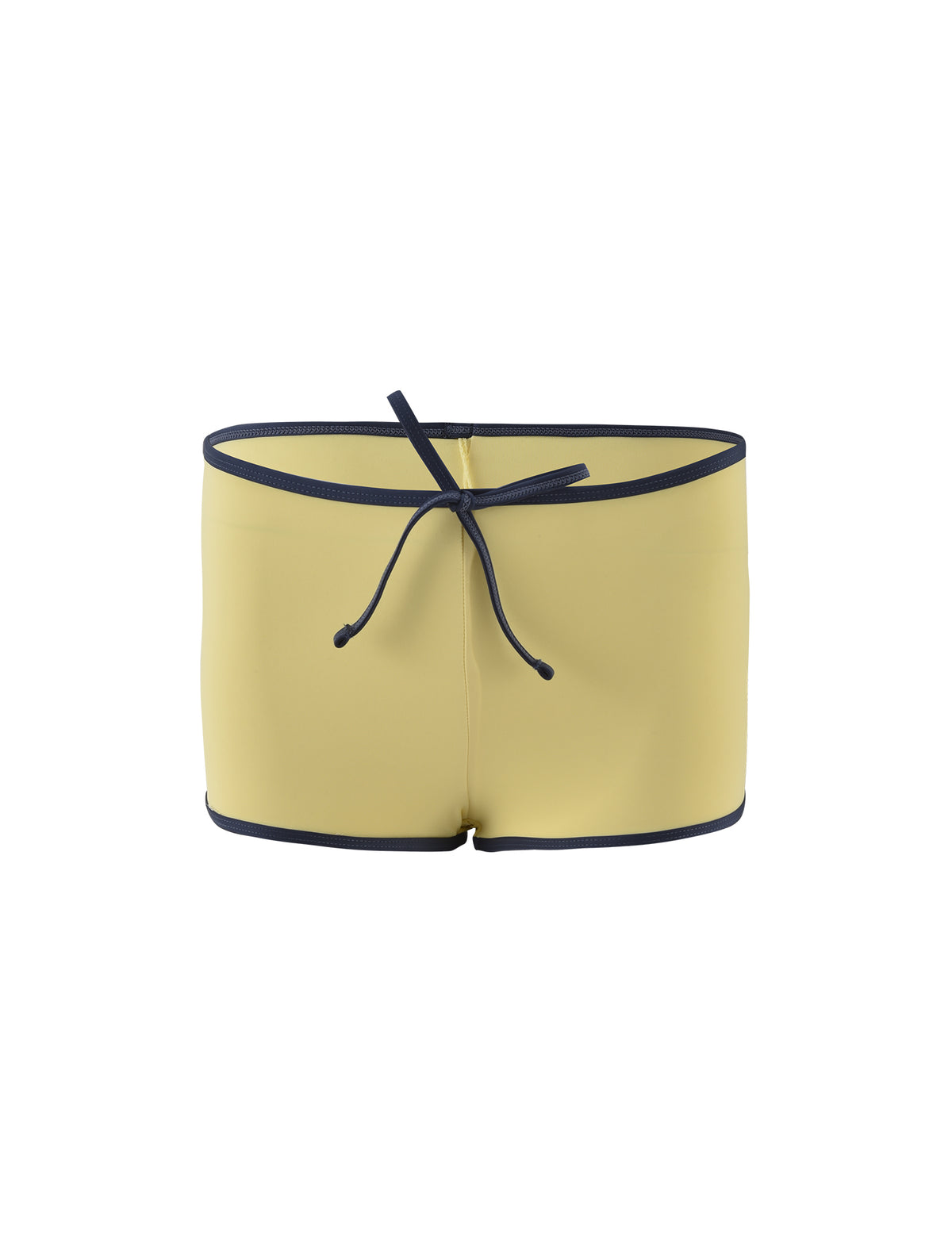 A pair of TIGERMIST KRISTIN BIKINI BOTTOM - PALE YELLOW swim trunks with black trim and a black drawstring at the waistband. The bikini bottom features a form-fitting design and is displayed against a white background.