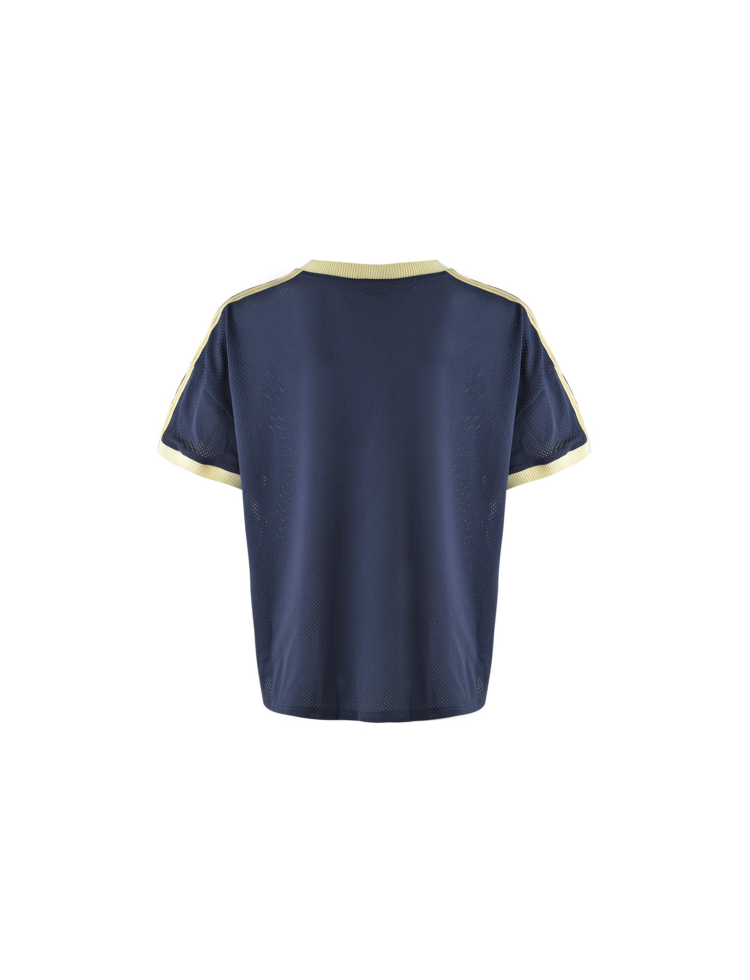 The Jayna Tee - Blue by TIGERMIST is shown from the back in a dusty blue shade. It features a light yellow trim on the sleeves and around the neckline. The fabric appears lightweight and breathable, complementing its simple, casual design.