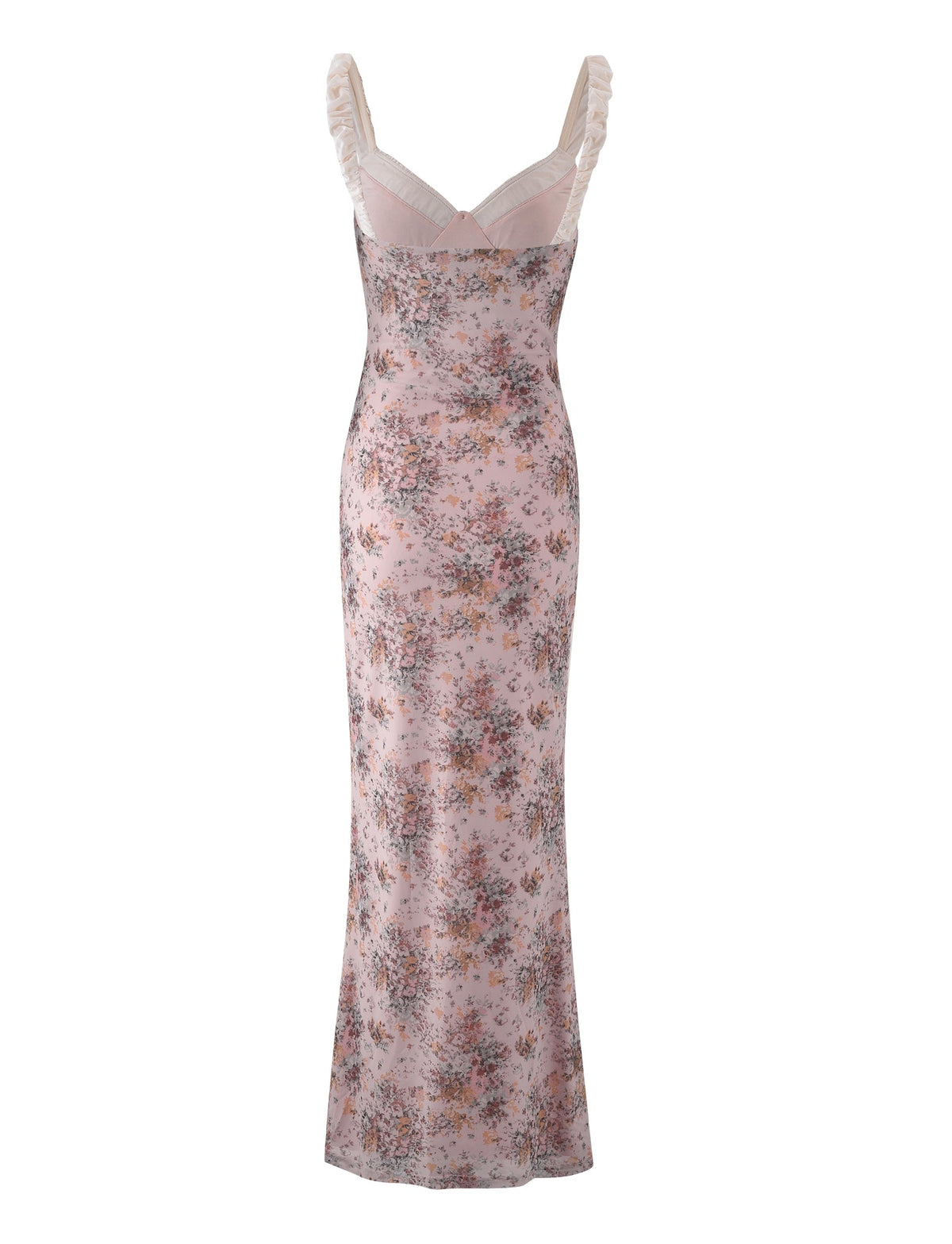 The TIGERMIST AMARAN DRESS - PINK : CAMO FLORAL is a long, sleeveless bodycon maxi dress in pale pink with a camo floral print, ruffled straps, and sheer detailing at the top for an elegant finish.