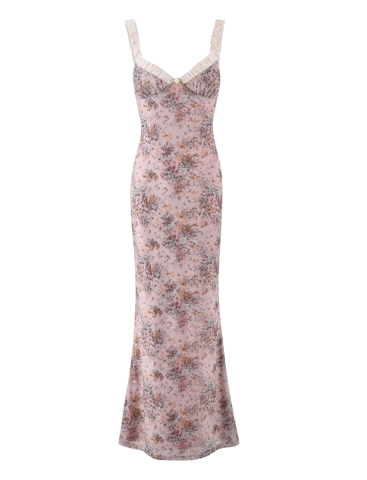 The AMARAN DRESS - PINK : CAMO FLORAL by TIGERMIST is a sleeveless maxi with a soft pink camo floral print, bodycon fit, ruffled straps, and neckline trim for a feminine look.