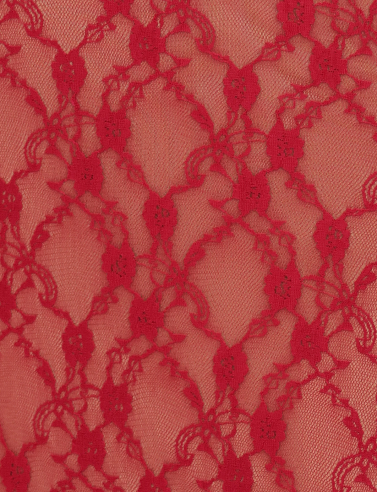 Close-up of red lace fabric from the TIGERMIST DEJA DRESS - RED : BERRY RED, showcasing an intricate floral and circular pattern with fine, delicate threads on a sheer background.