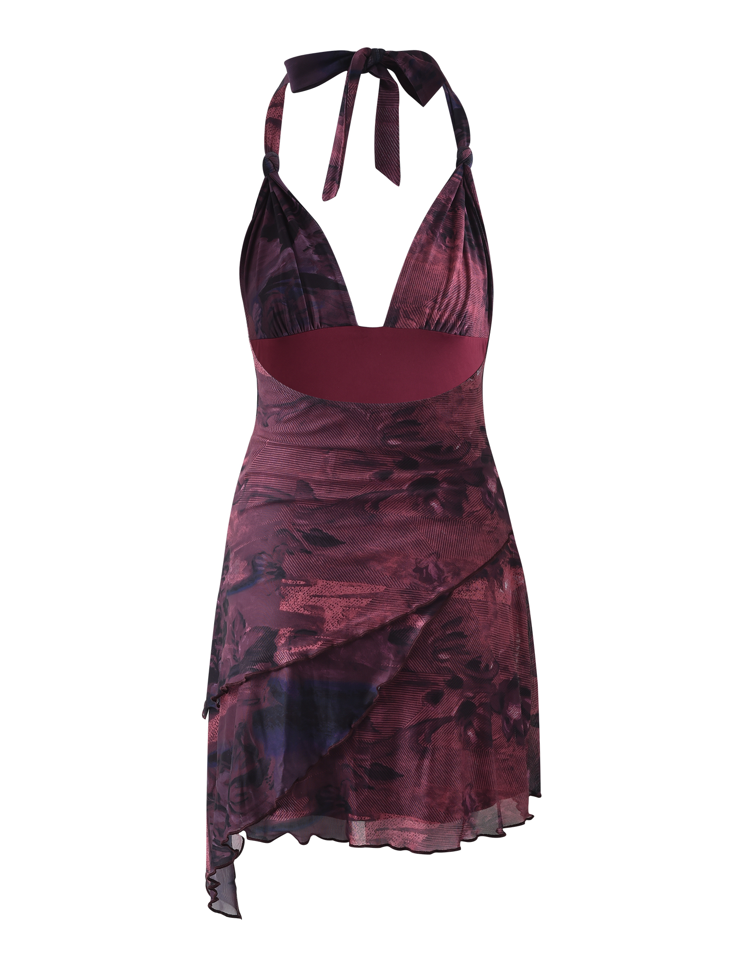 The FRIEDA DRESS - RED : BURGUNDY ROMANTIC by TIGERMIST is a sleeveless dress with a plunging neckline, floral pattern, fitted waist, asymmetrical layered hem, halter-neck ties, and sheer flowing fabric for an elegant look.