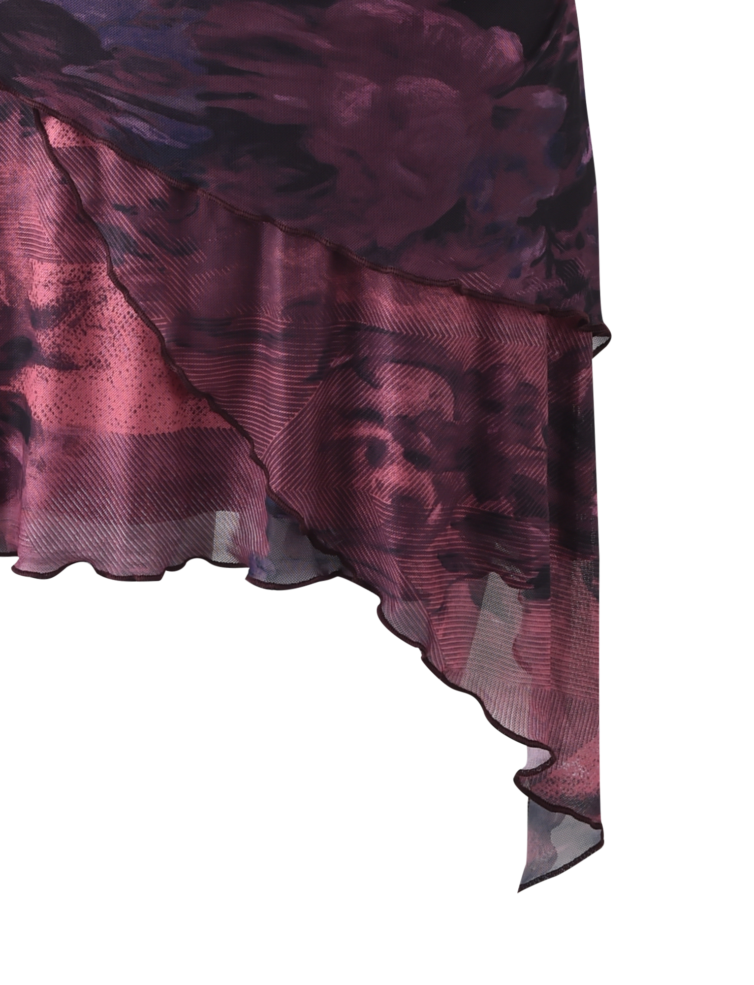 A close-up of the FRIEDA DRESS - RED: BURGUNDY ROMANTIC by TIGERMIST, featuring sheer burgundy mesh with dark purple and reddish-pink abstract patterns and a wavy hemline.