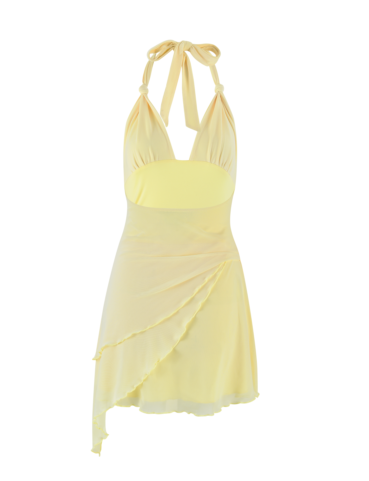 The FRIEDA DRESS - YELLOW : BUTTER by TIGERMIST is a light yellow halter mini dress with a fitted bodice, tie-up neck straps, and an asymmetrical layered skirt finished with delicate ruffled edges.
