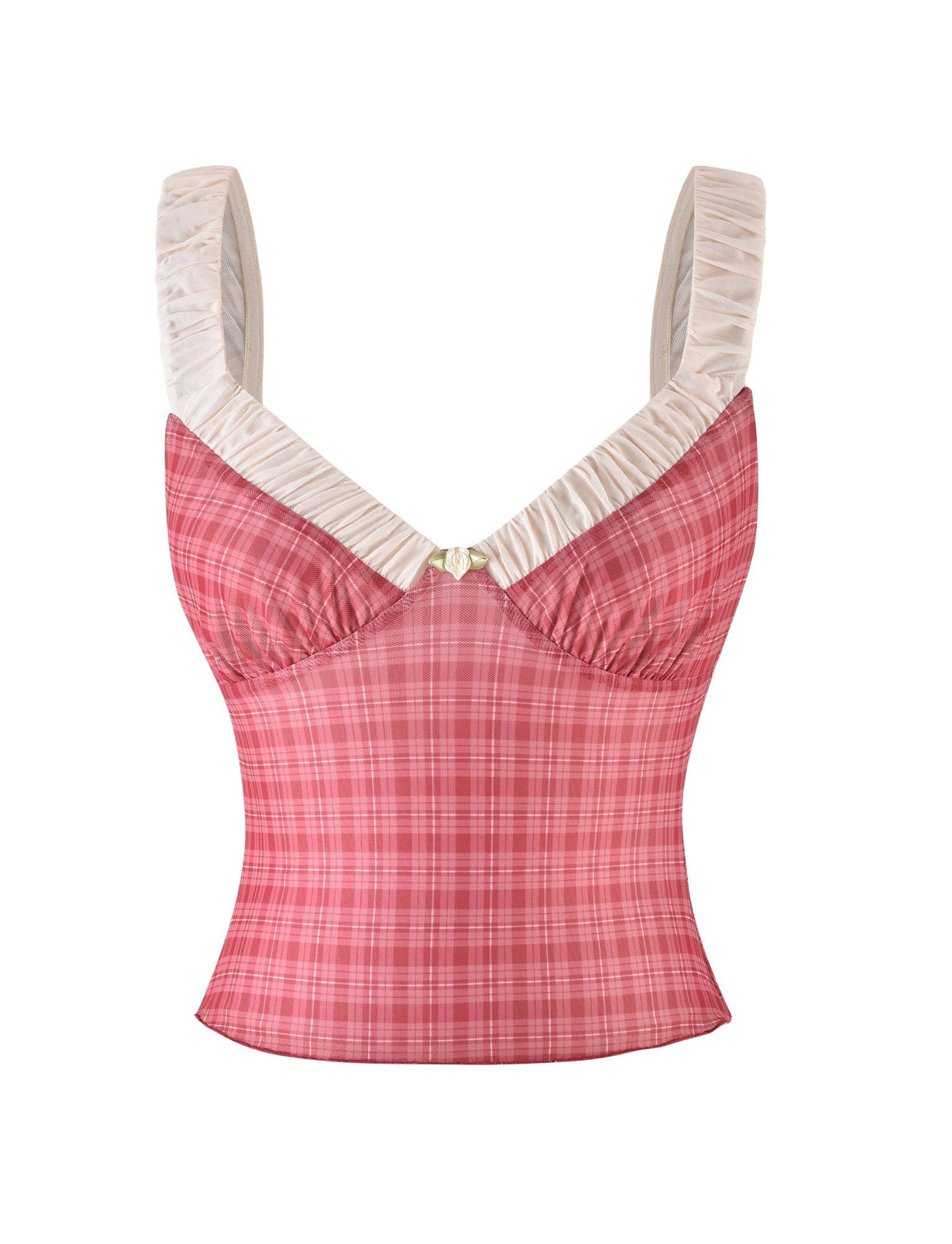 The TIGERMIST AMARAN TOP - RED features a red check bustier design with white ruffled trim on the straps and neckline, enhanced by a subtle crisscross pattern and a small decorative bow at the center.