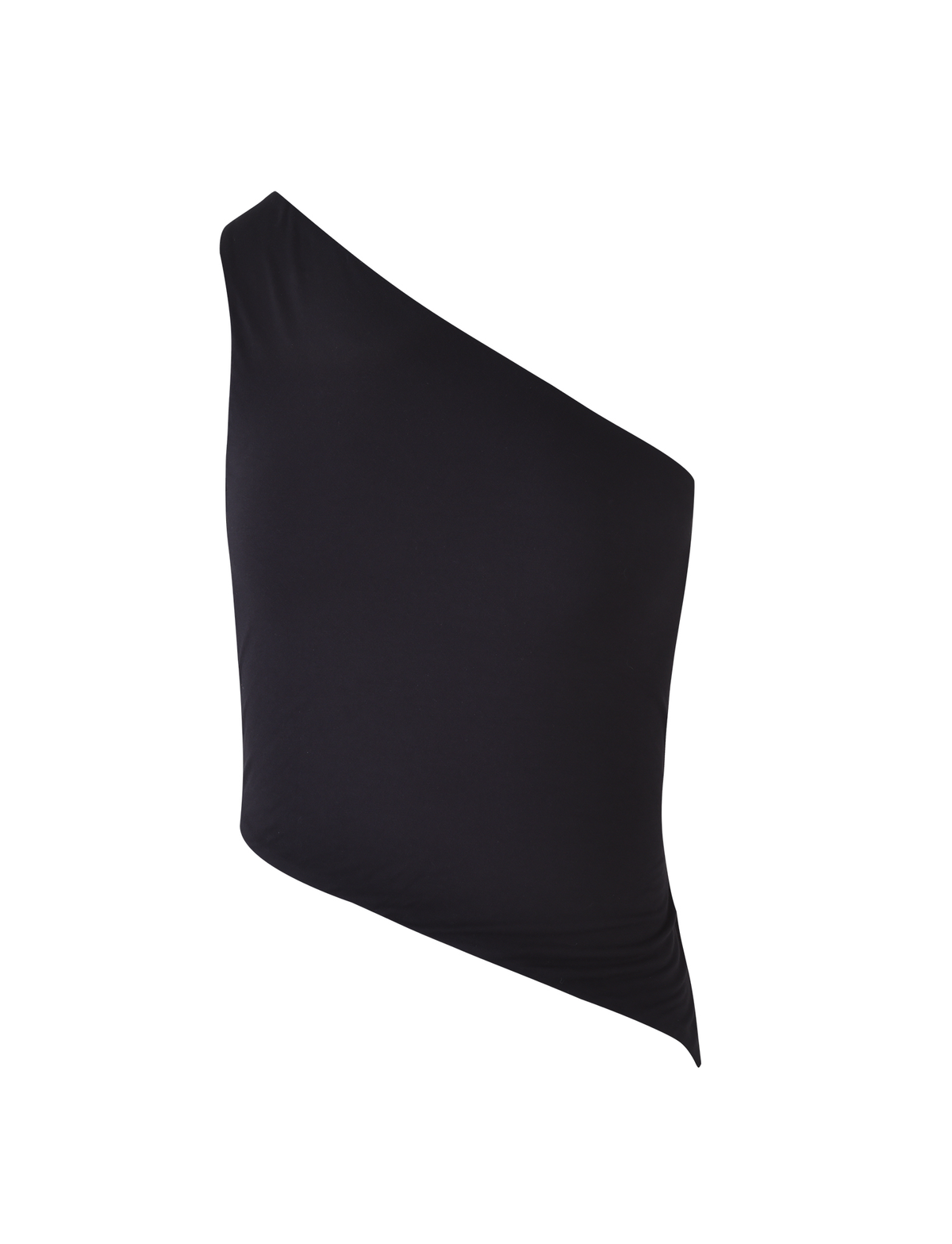 The DREW TOP - BLACK by TIGERMIST is a black one shoulder, bodycon top with an asymmetric neckline and hem, shown on a plain white background.