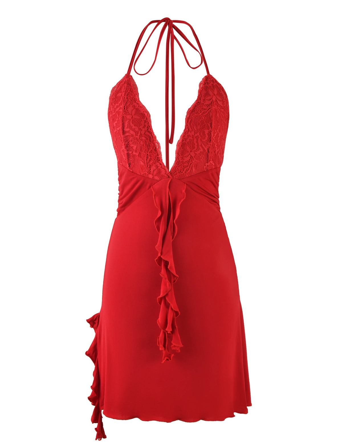 The DEENA DRESS - RED from TIGERMIST is a red halter-neck dress that showcases intricate lace detailing on the bodice and an open back. It features a deep V neckline, a fitted waist with a tie at the back, and a cascading ruffle down the front, ending just above the knee with a scalloped hem.