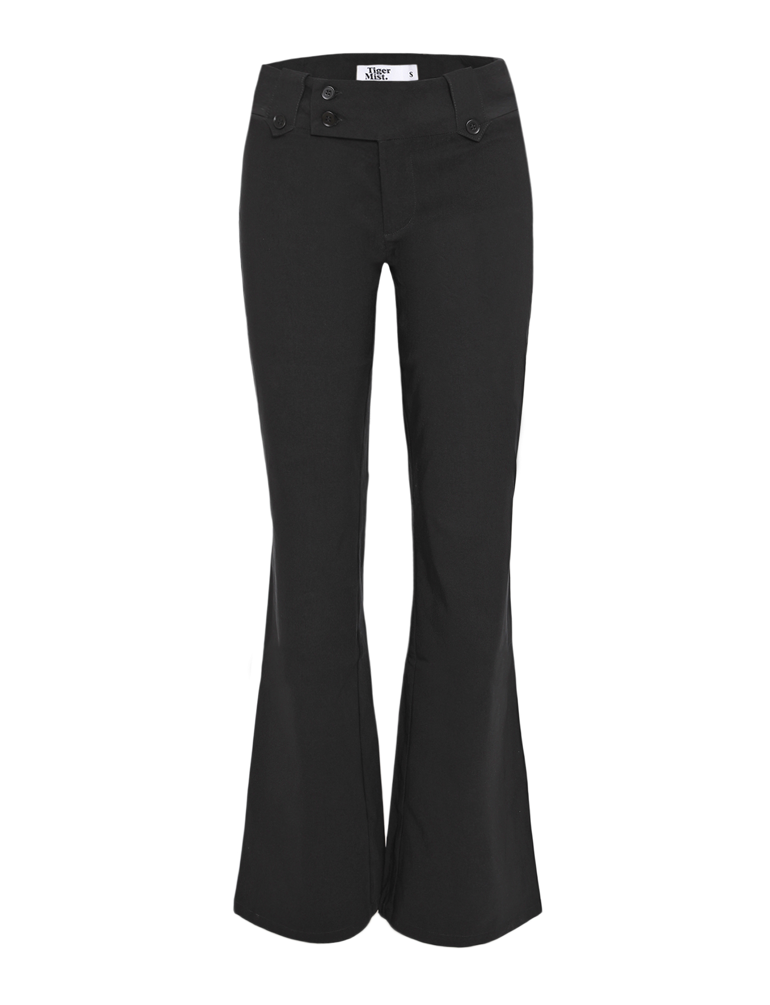 The KITTIE PANT - BLACK by TIGERMIST features a high waist, flared leg, front button closure, and side pocket details, shown on a white background.