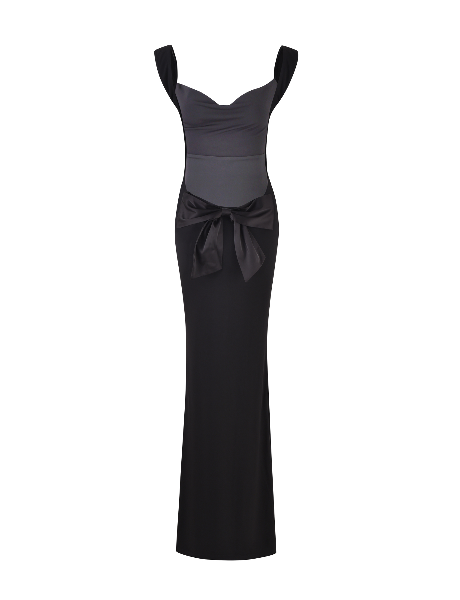 The TIGERMIST ZITA DRESS - BLACK features wide shoulder straps, a fitted bodice, and a large satin bow at the waist. Its sleek, floor-length bodycon silhouette creates an elegant look against a white background.
