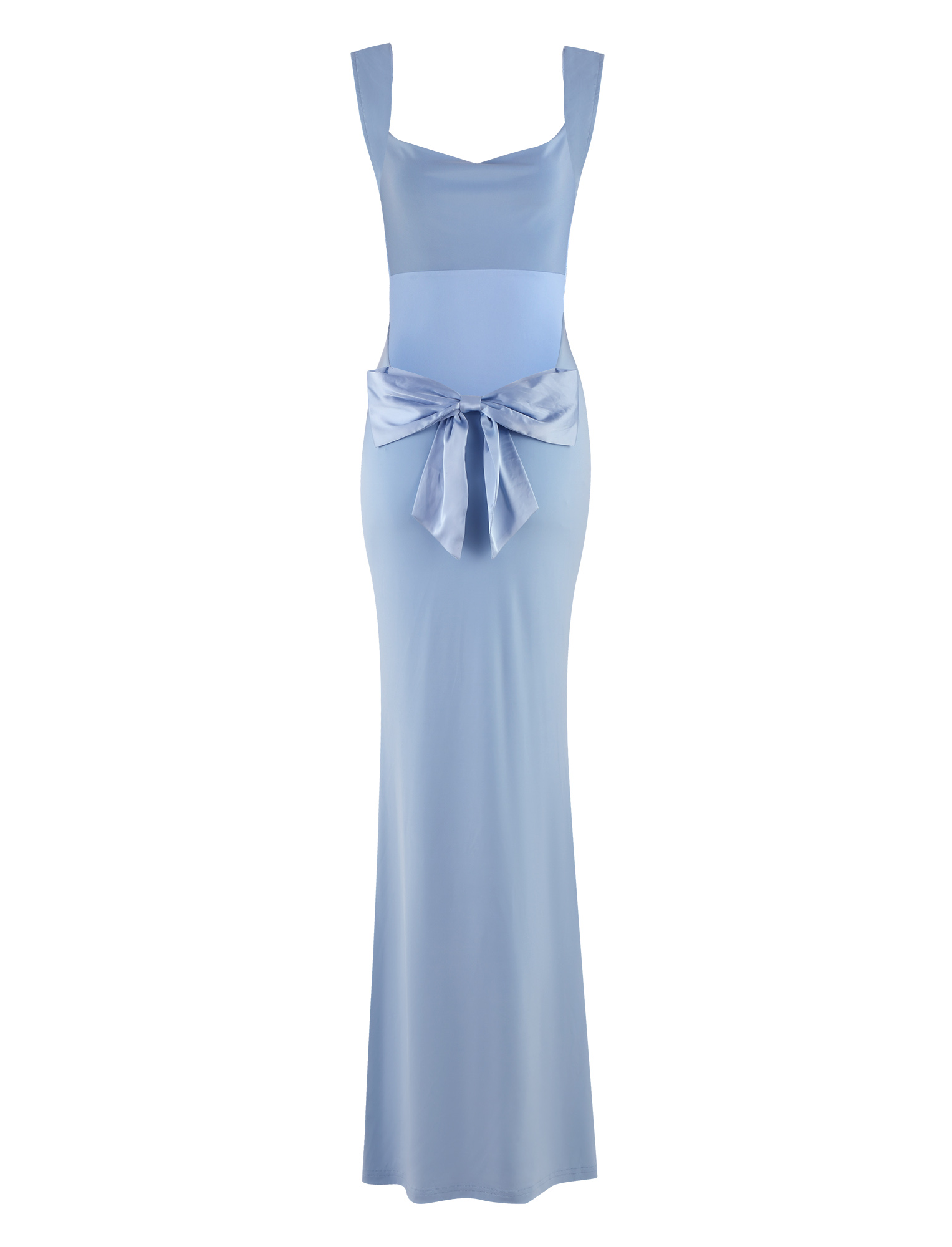 The TIGERMIST ZITA DRESS - BLUE : BABY BLUE is a sleeveless, bodycon maxi dress with a square neckline and wide satin waist ribbon, featuring an elegant finish—ideal for special occasions.