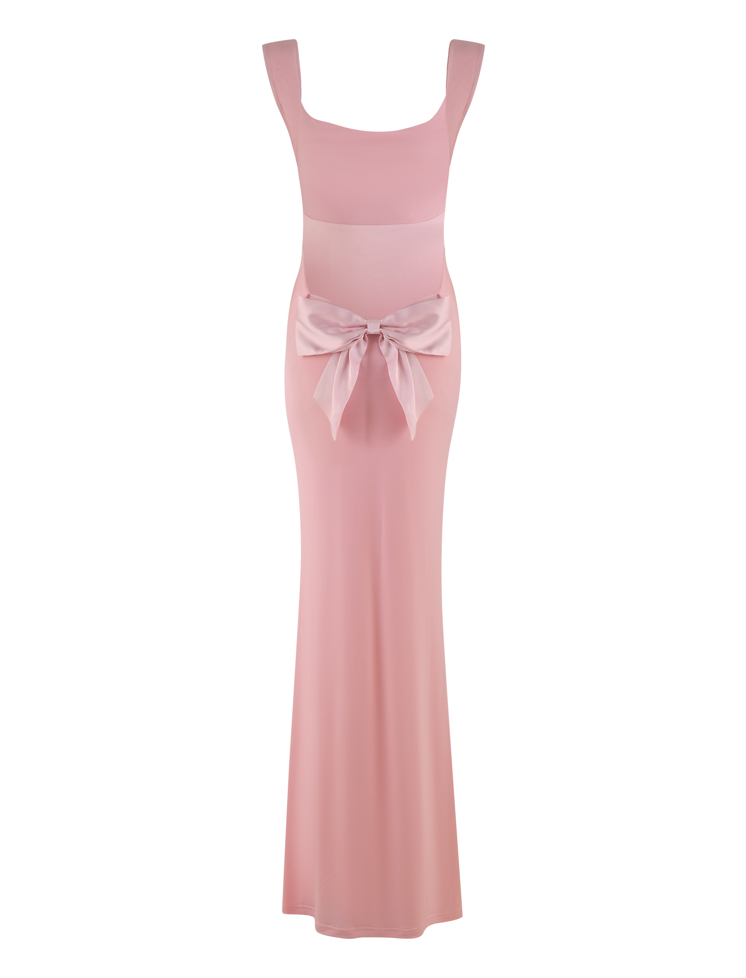 The ZITA DRESS - PINK by TIGERMIST is a maxi-length, sleeveless dress in baby pink, featuring a fitted bodice, wide straps, and a statement front bow—ideal for special occasions.