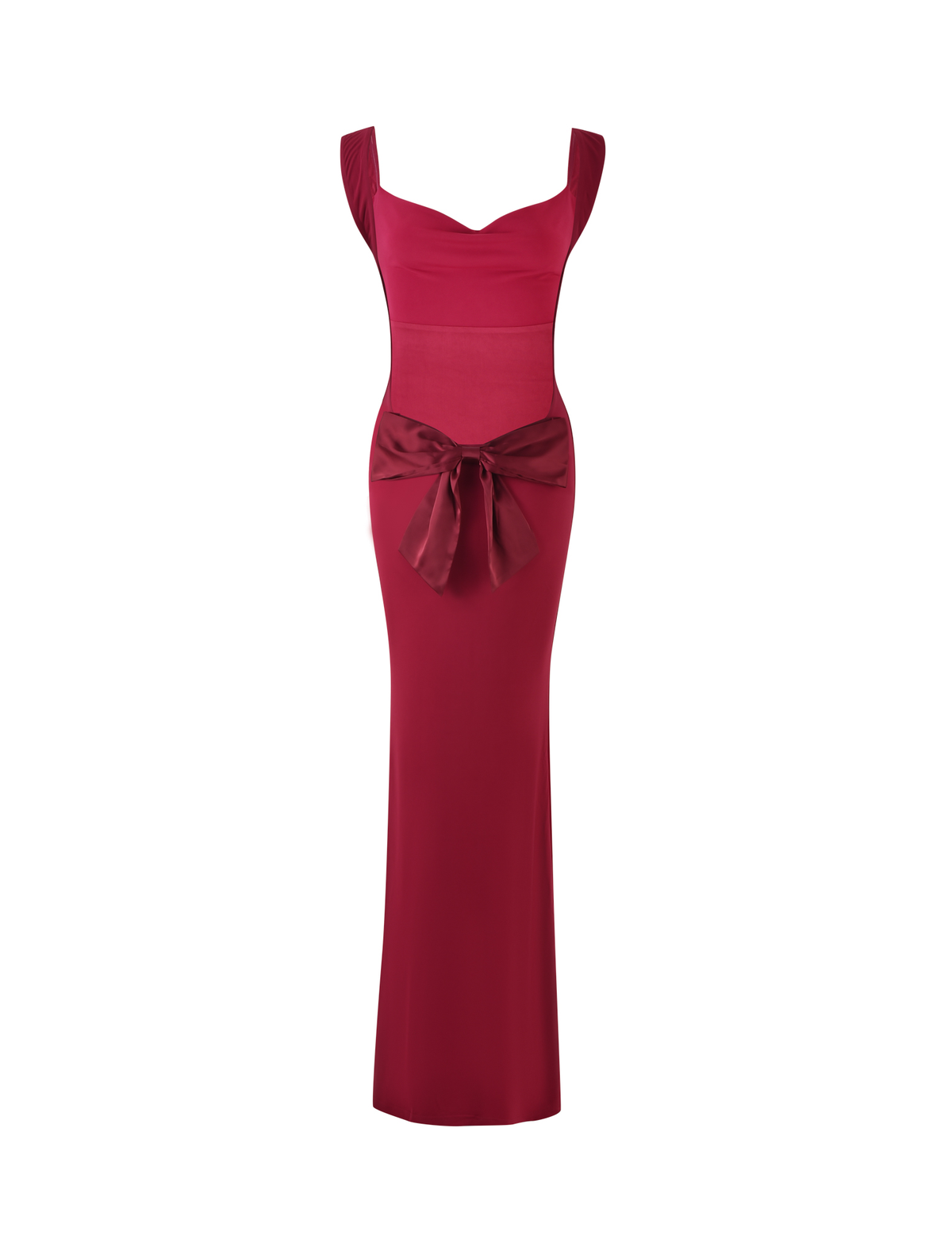 ZITA DRESS - RED : SALSA : DEEP RED by TIGERMIST: A sleeveless maxi dress in deep red, featuring wide straps, a sweetheart neckline, and a satin bow at the waist, displayed on a white background.