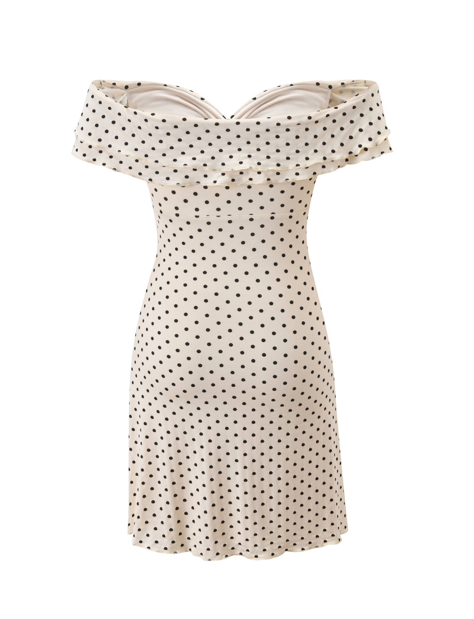 The DENALI MINI DRESS - CREAM DOT by TIGERMIST features an off-the-shoulder, fitted silhouette with a ruffled neckline, cream polka dot print, knee-length hem, and no visible sleeves, styled against a plain white background.