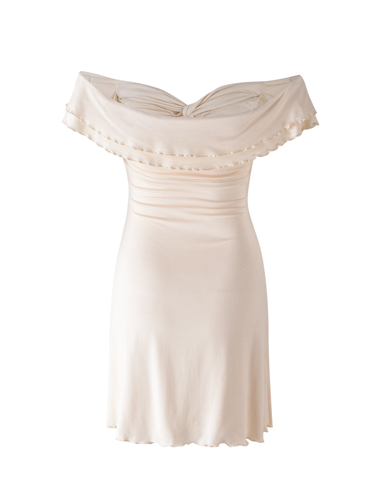 The TIGERMIST DENALI MINI DRESS in White : Bone features an off-the-shoulder, ruffled design with a fitted bodice, A-line silhouette, and knee-length hem. Shown on a plain white background.