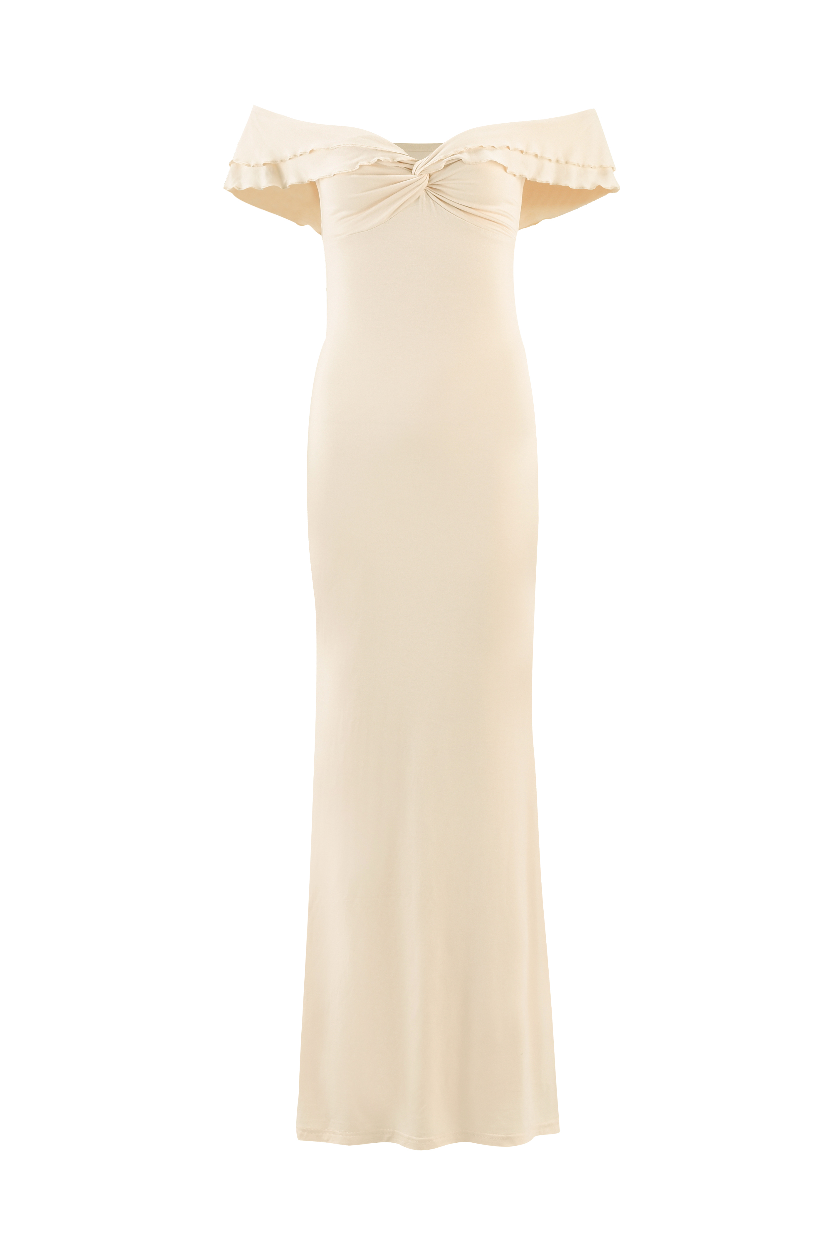 The DENALI MAXI DRESS by TIGERMIST in White: Bone is an off-the-shoulder, floor-length dress featuring a fitted silhouette, ruched bust, and a flounced sweetheart neckline.