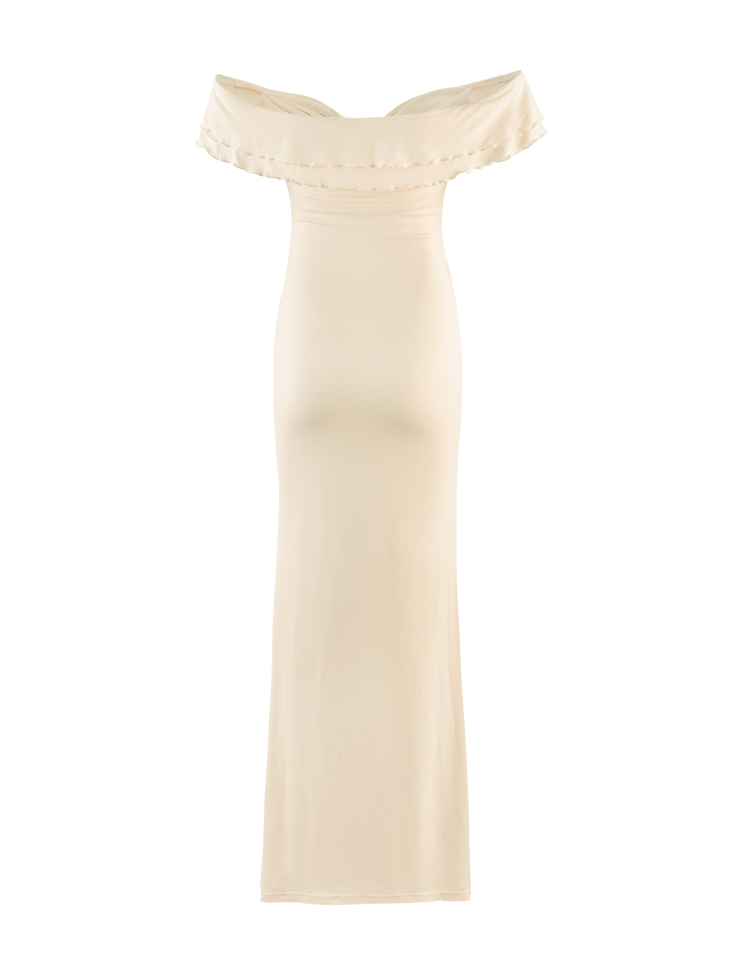 The TIGERMIST DENALI MAXI DRESS - WHITE: BONE is a cream-colored maxi with a sweetheart neckline, off-the-shoulder ruffles, and a fitted silhouette, shown against a white background.