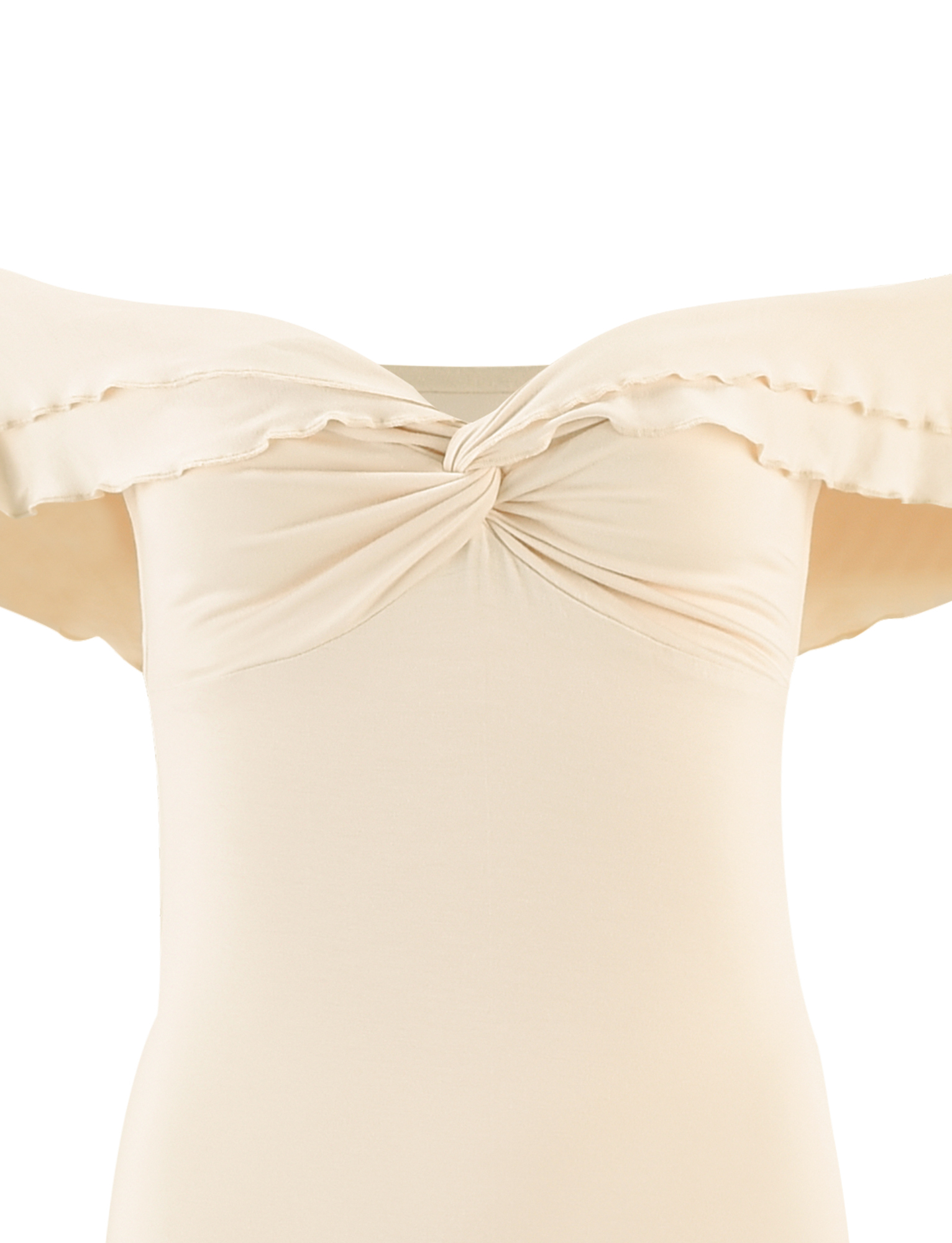 The DENALI MAXI DRESS - WHITE: BONE by TIGERMIST features an off-shoulder design with a twisted knot at the chest, sweetheart neckline, and short ruffled sleeves.