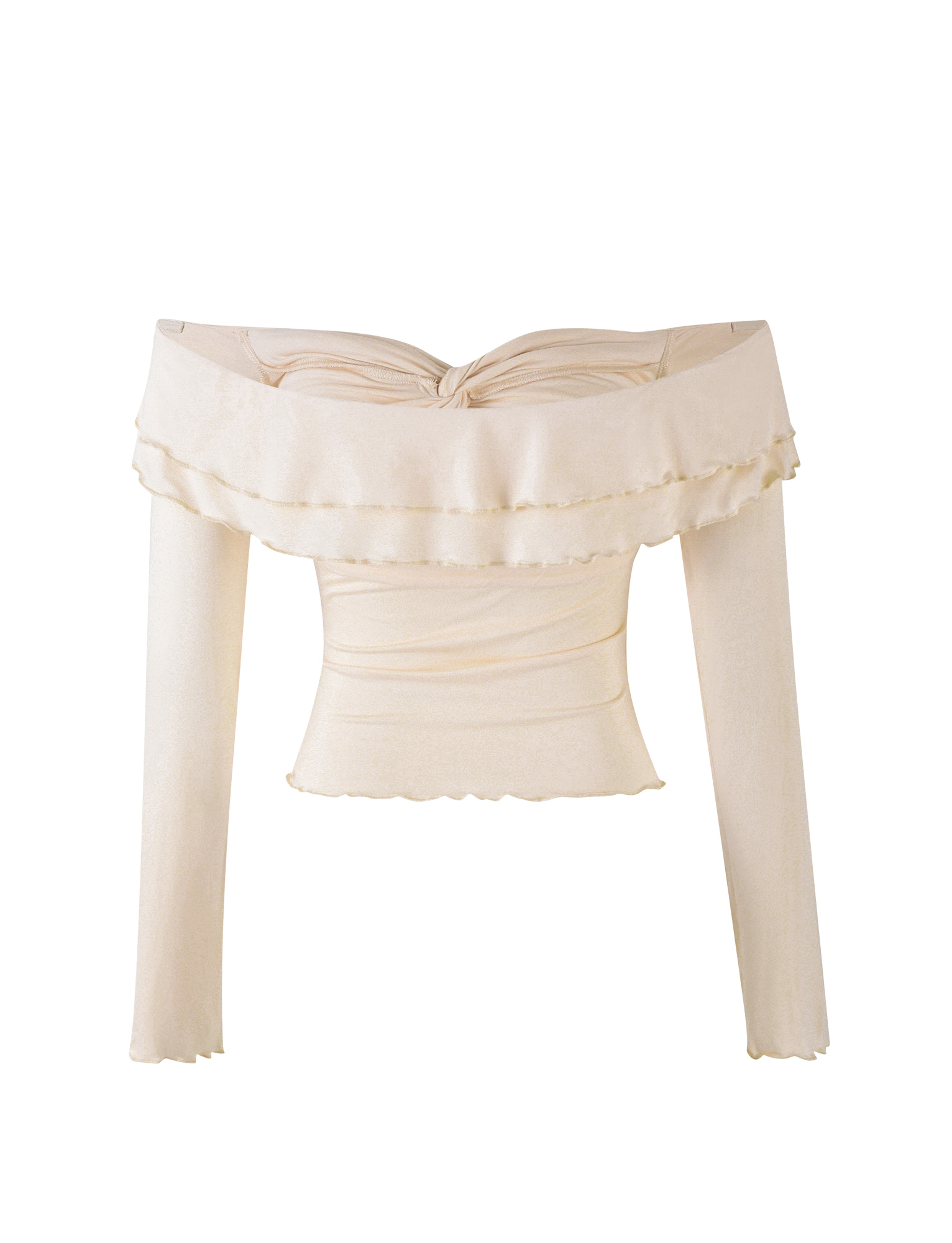 The DENALI LONG SLEEVE TOP - WHITE : BONE by TIGERMIST is an off-the-shoulder, long-sleeve crop top with ruffled neckline and hem, crafted from slightly sheer fabric for a delicate and elegant look.