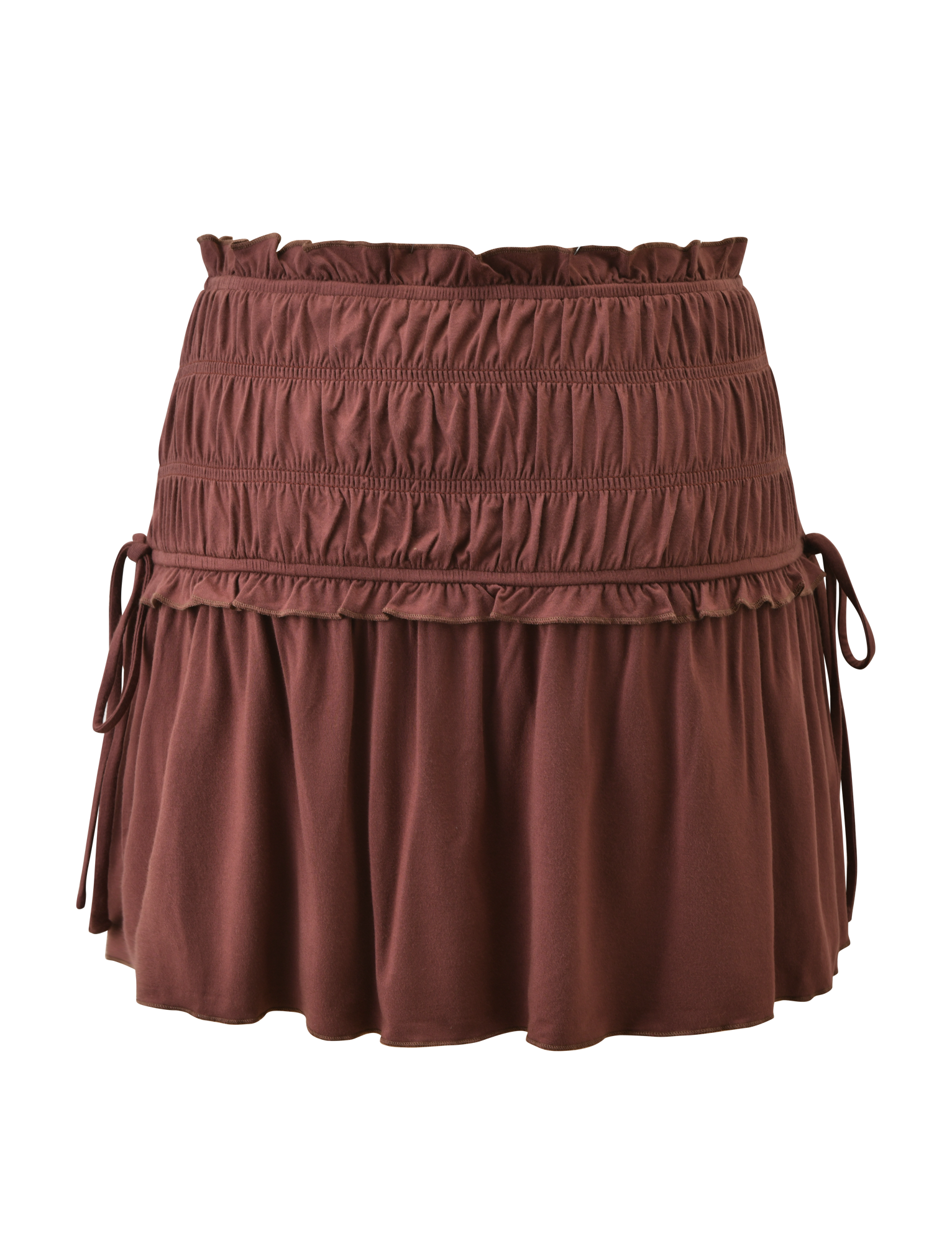 The TIGERMIST DENALI MINI SKIRT - CHOCOLATE features a wide shirred waistband, decorative stitching, adjustable side ties, and a flared ruffled hem.