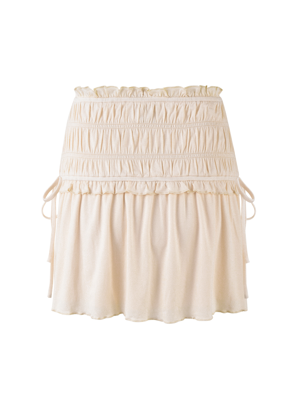 The DENALI MINI SKIRT - WHITE : BONE by TIGERMIST is crafted in buttery jersey with a smocked, ruffled, mid-rise waistband. Gathered details and side ties accent the softly flared hem for a flowy, feminine look.