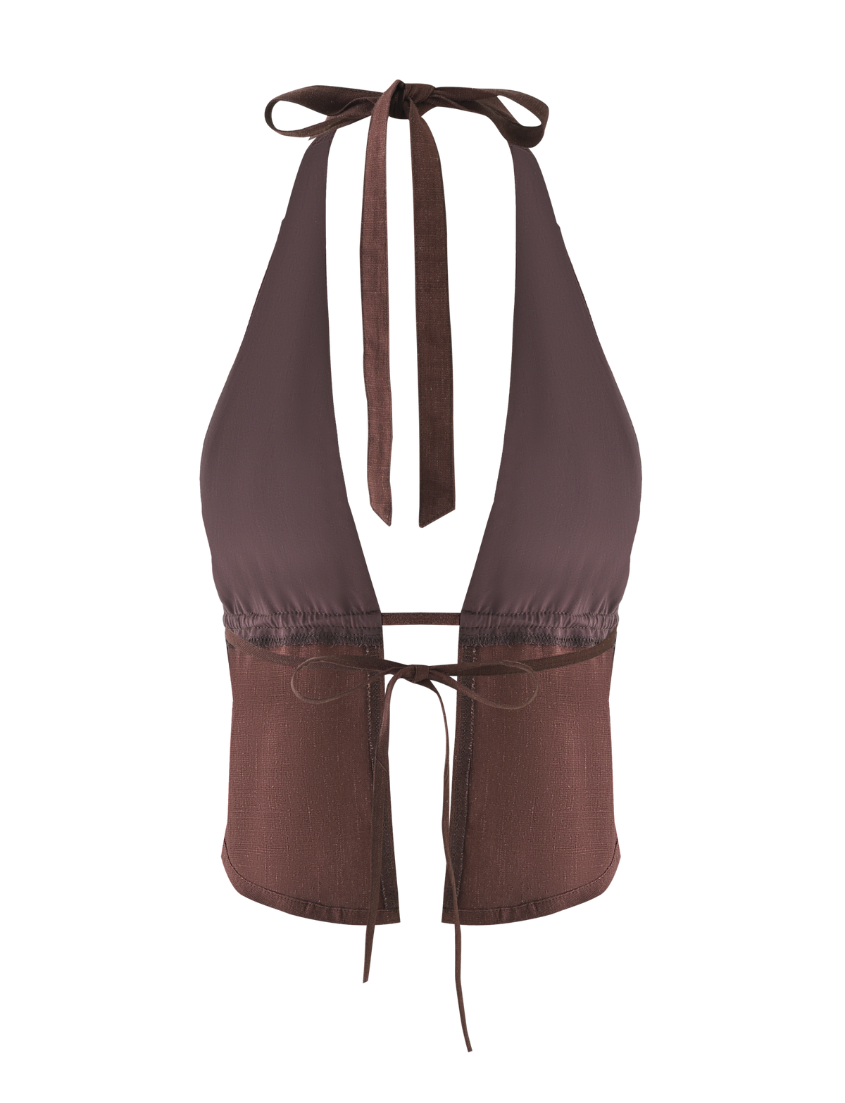 The LAINEY TOP - CHOCOLATE by TIGERMIST is a sleeveless halter top in brown linen, featuring a deep V-neck, neck straps, and a tie-back waist for adjustable fit.