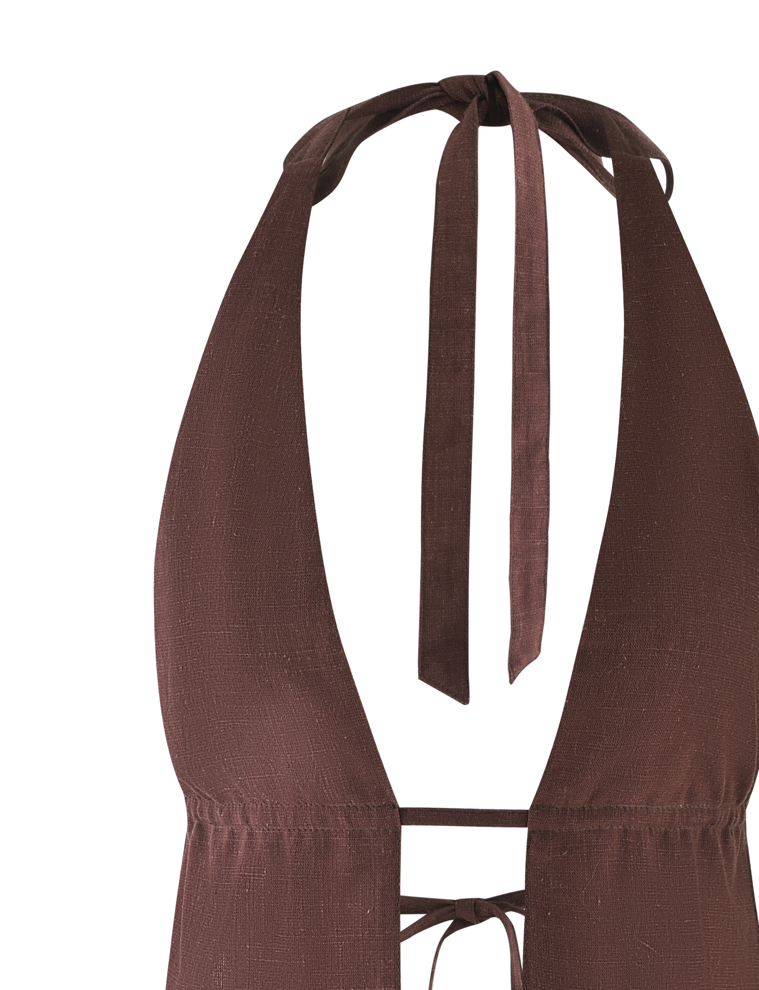 The LAINEY TOP - CHOCOLATE by TIGERMIST features a chocolate brown linen halter bikini style with textured fabric, a front tie detail, and a deep V neckline for adjustable fit.