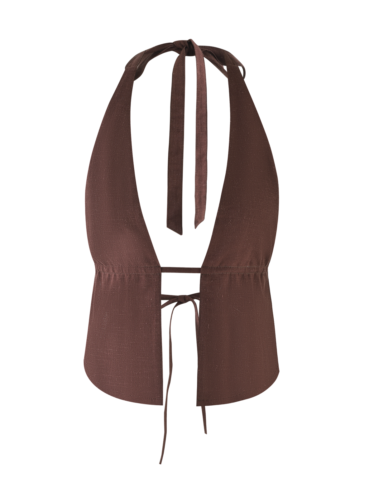 The LAINEY TOP - CHOCOLATE by TIGERMIST is a chocolate brown linen halter with a deep V-neckline, gathered underbust seam, and adjustable neck and back ties for a customizable fit.