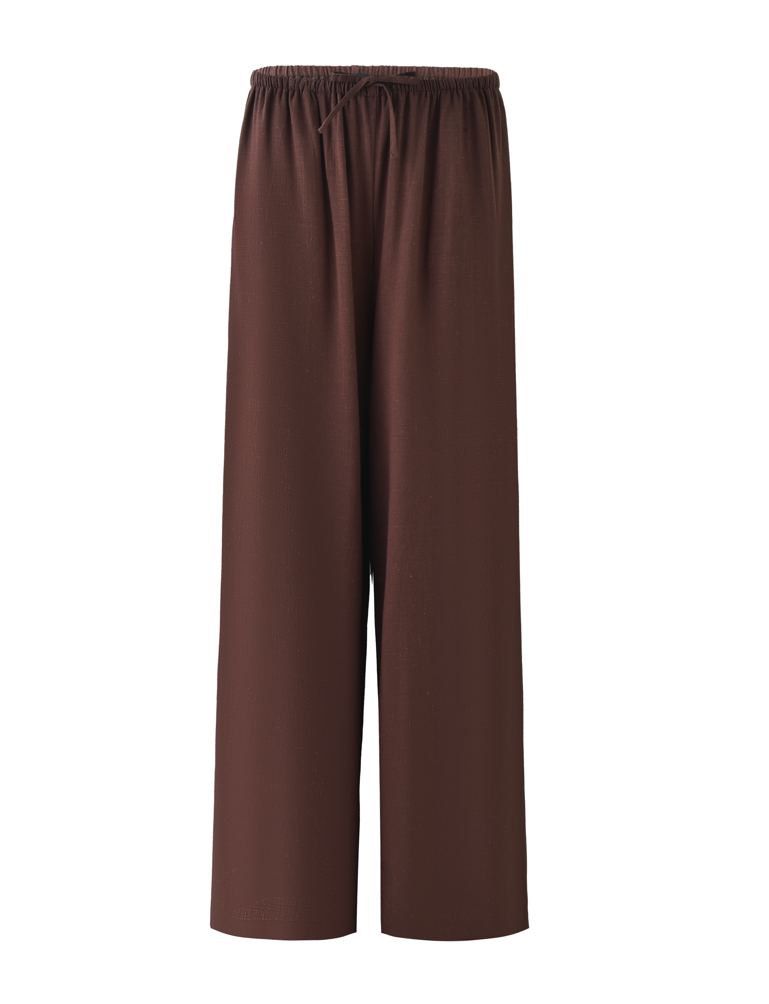 The TIGERMIST LAINEY PANT - CHOCOLATE features a loose fit, wide legs, mid-rise elastic waist, and functional side seam pockets, shown against a plain background.