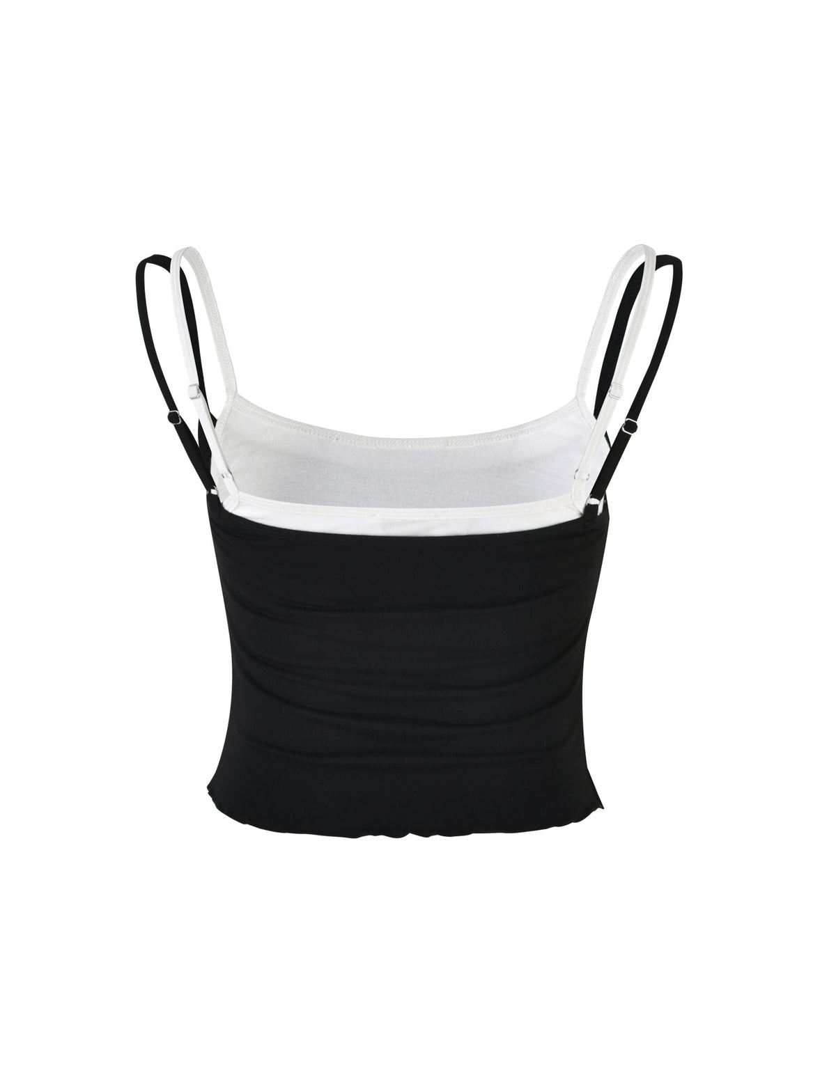 The ADAIR TOP - BLACK/WHITE by TIGERMIST is a chic black and white women's sleeveless camisole, which features thin adjustable straps. The bottom half of the camisole is black, while the top half is white, creating a stylish color-blocked design. It is elegantly displayed on a white background.