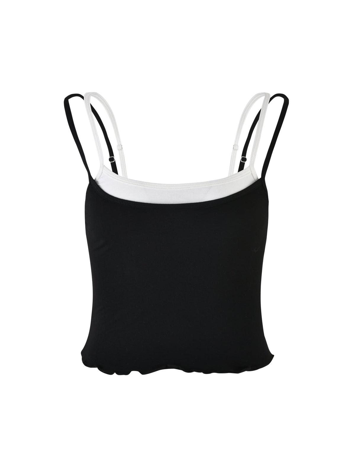 The ADAIR TOP - BLACK : BLACK/WHITE from TIGERMIST is showcased against a plain white background. This black sleeveless crop top features a white trim around the neckline and double spaghetti straps. The bottom edge boasts a slightly ruffled hem, adding a touch of playful elegance.
