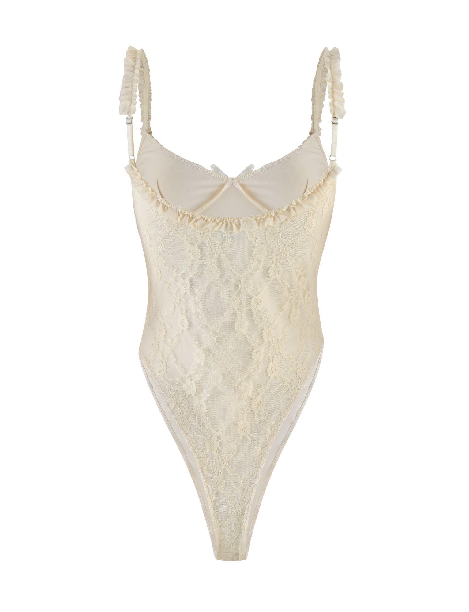 The DEJA BODYSUIT by TIGERMIST features champagne beige lace, mesh ruffled straps, a bow detail at the neckline, and sheer floral patterns. Its bodycon fit and high-cut legs offer a delicate, feminine look.