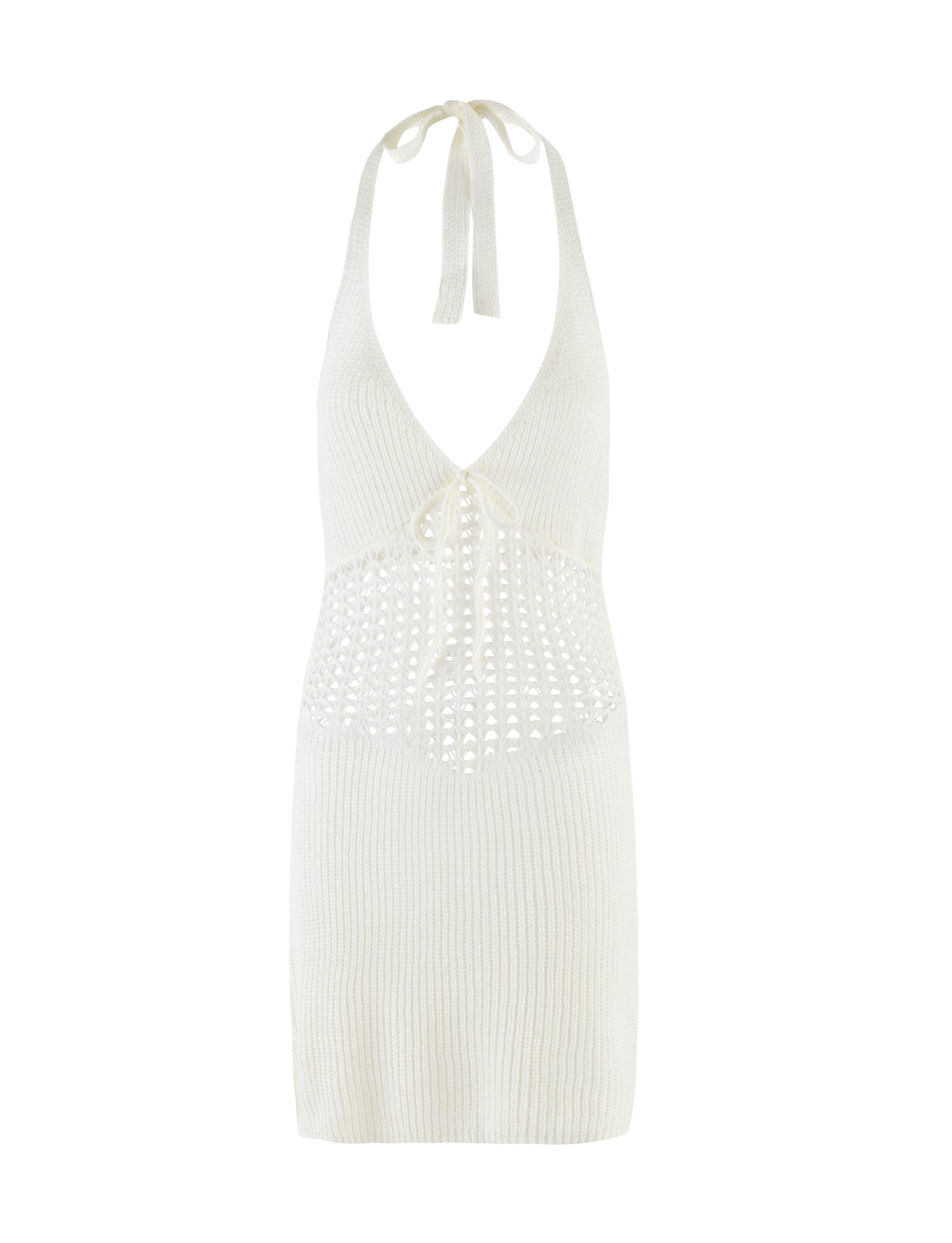 The TIGERMIST DELTA MINI DRESS - WHITE is a sleeveless crochet dress with a deep V-neck, tie neck, and open crochet waist. Its relaxed mini length makes it perfect for effortless summer style.