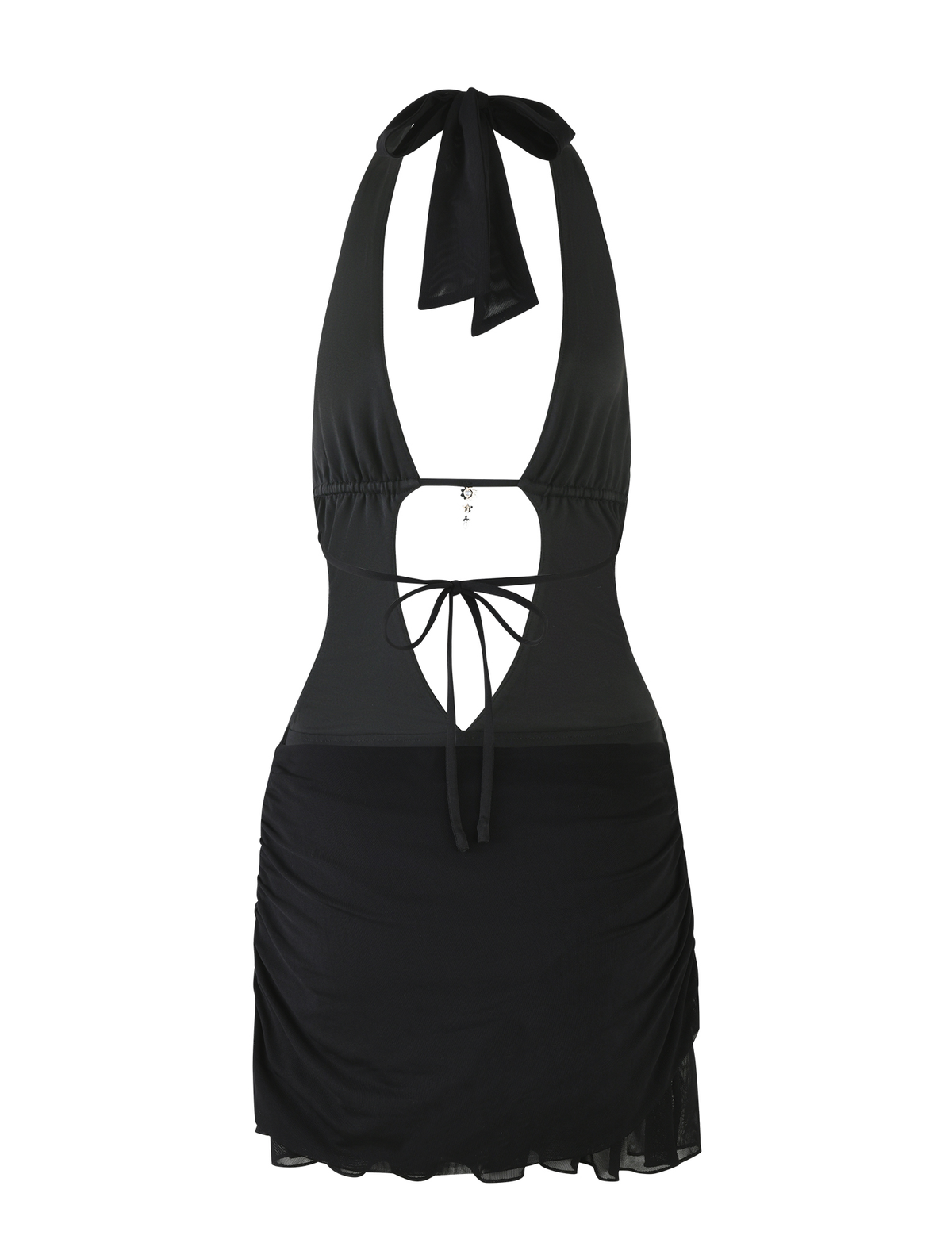 The ESHA DRESS - BLACK by TIGERMIST is a black mini bodycon dress with halter straps, deep V neckline, front tie detail, fitted waist, ruched skirt with semi-sheer overlay, shown on a plain white background.