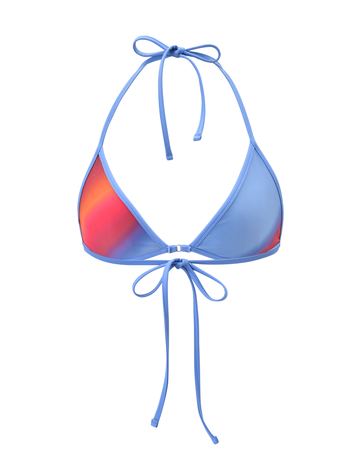 The DIANA BIKINI TOP - CIELO OMBRE by TIGERMIST is a blue triangle bikini top with thin halter straps and one cup featuring a red and orange ombre stripe design.