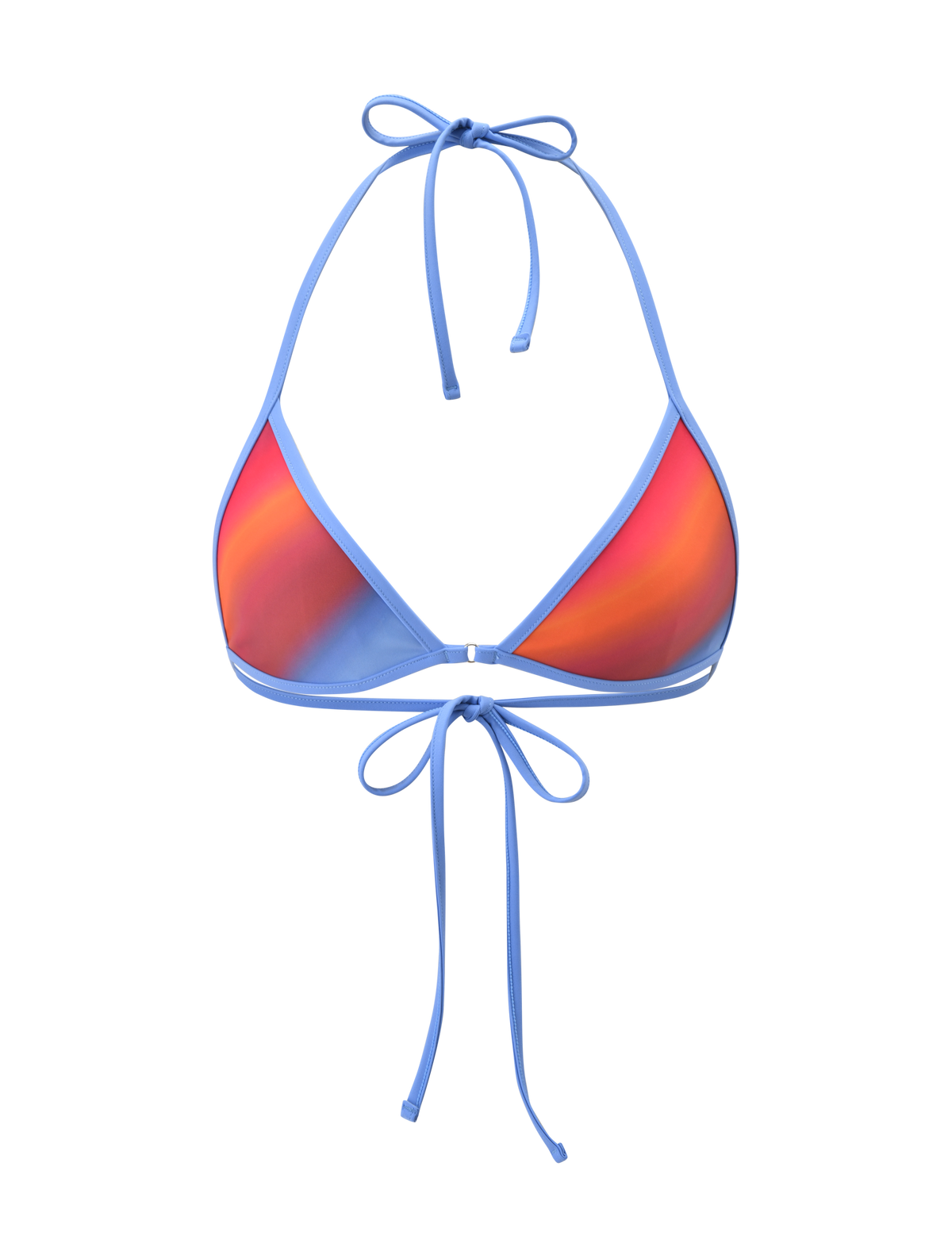 The TIGERMIST DIANA BIKINI TOP - CIELO OMBRE features a blue string halter style with a shiny ombre stripe gradient in red, orange, and purple on the cups, shown against a plain white background.