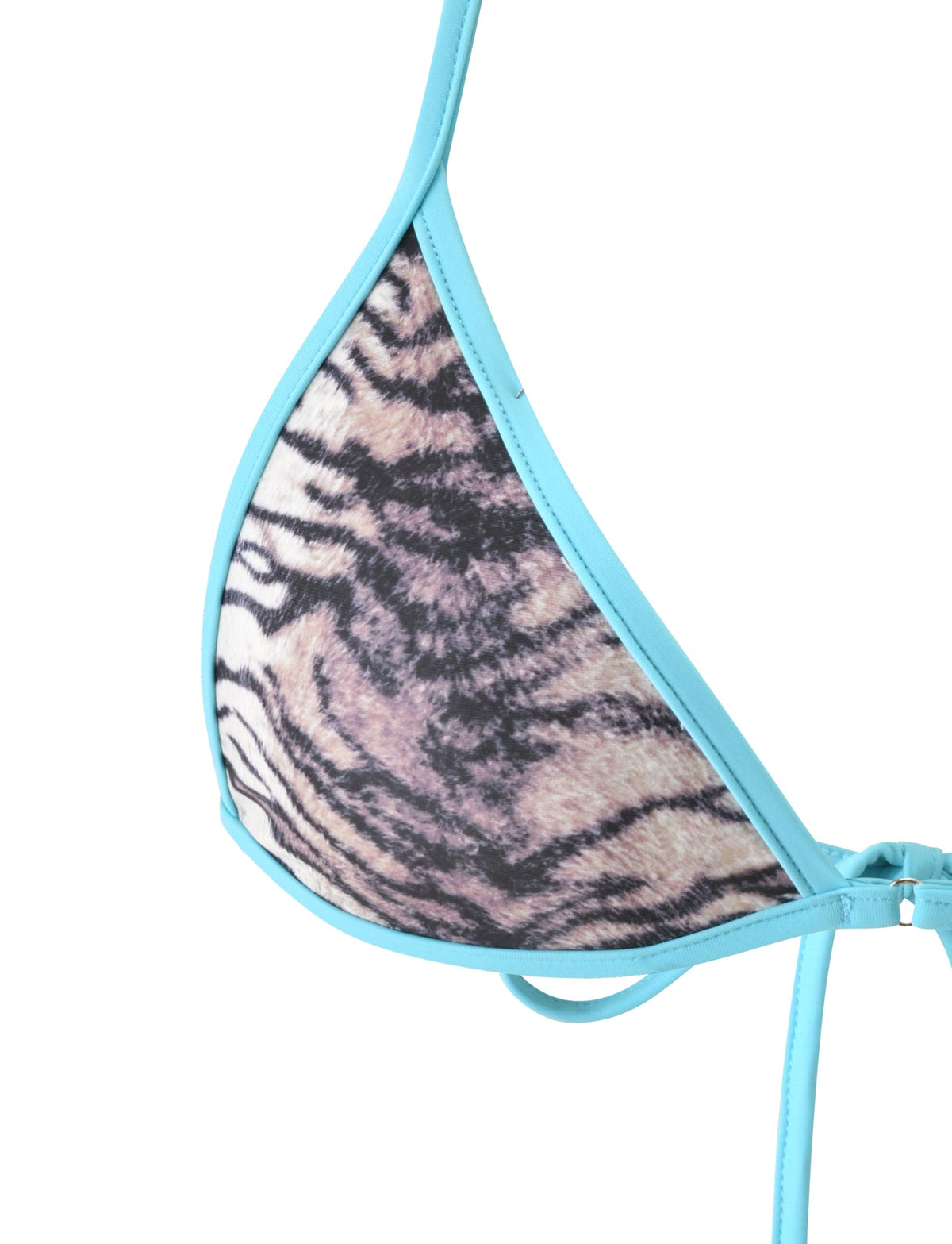 DIANA BIKINI TOP - NEUTRAL TIGER in a tan and black ombre tiger stripe print with bright blue trim.