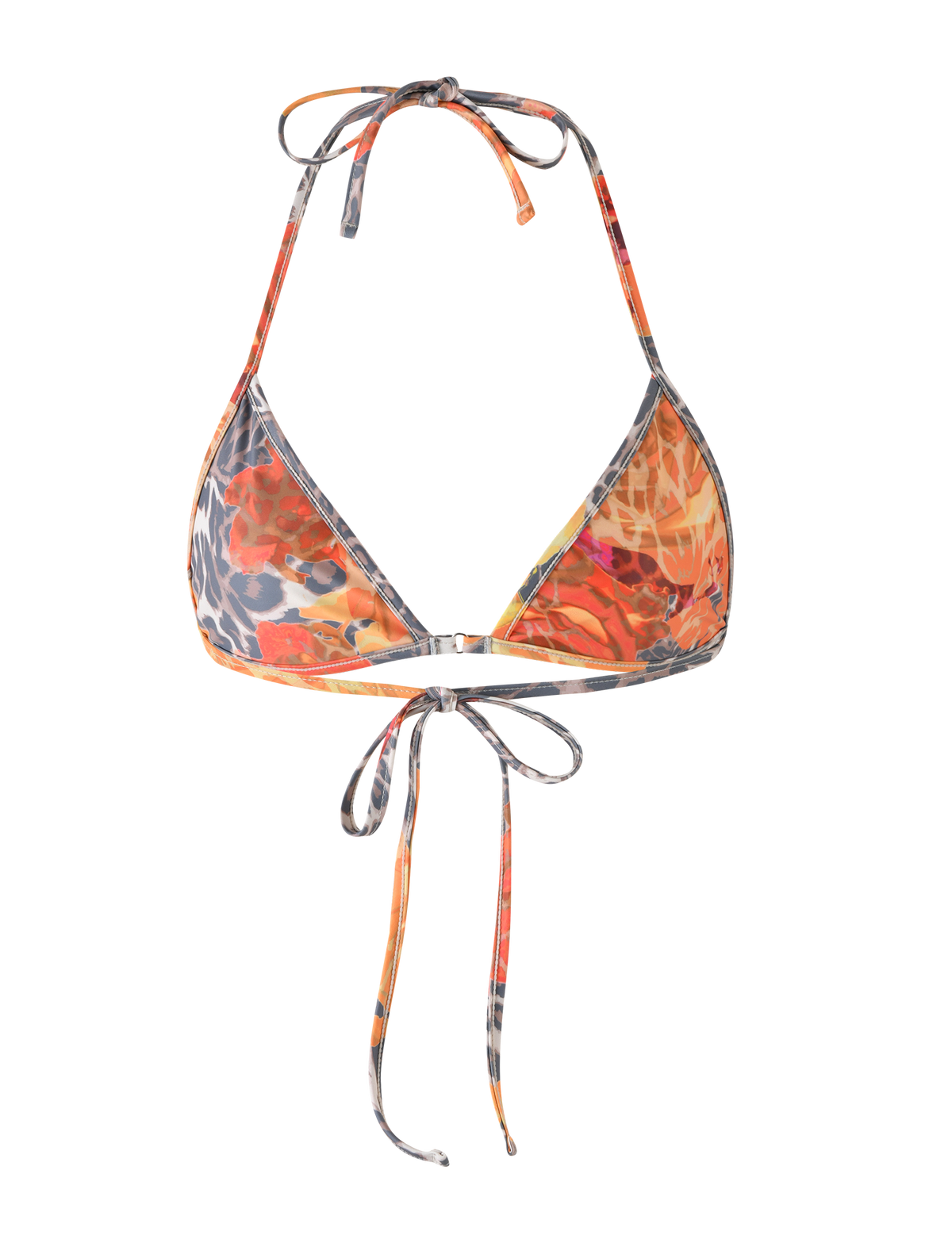 The TIGERMIST DIANA BIKINI TOP - MULTI : LEOPARD : ORANGE LEOPARD features an abstract orange, gray, and yellow leopard print with triangle cups and halter neck and back tie straps, shown on a white background.