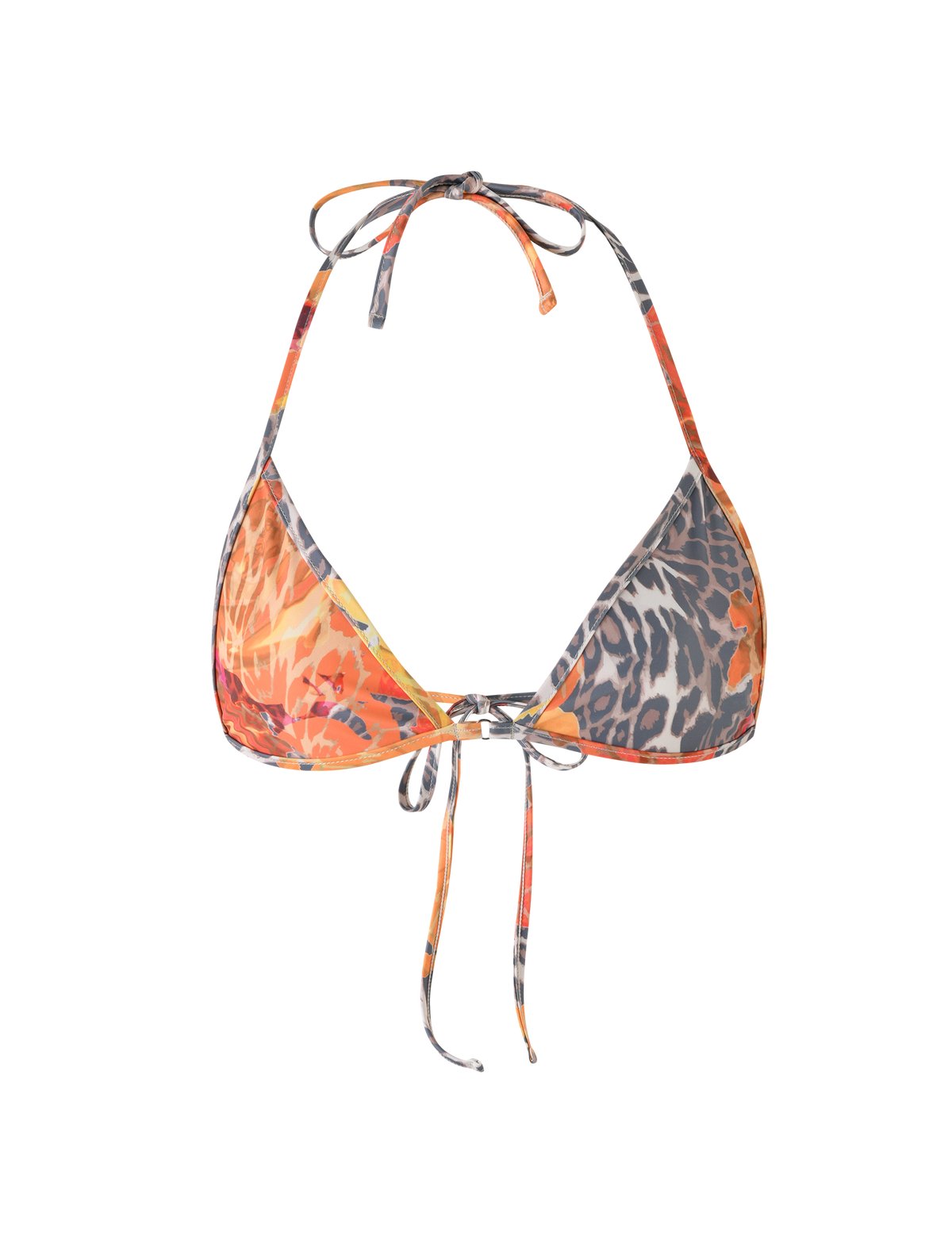 The DIANA BIKINI TOP by TIGERMIST features a halter neck, tie back, and a striking orange leopard print with gray animal patterns.