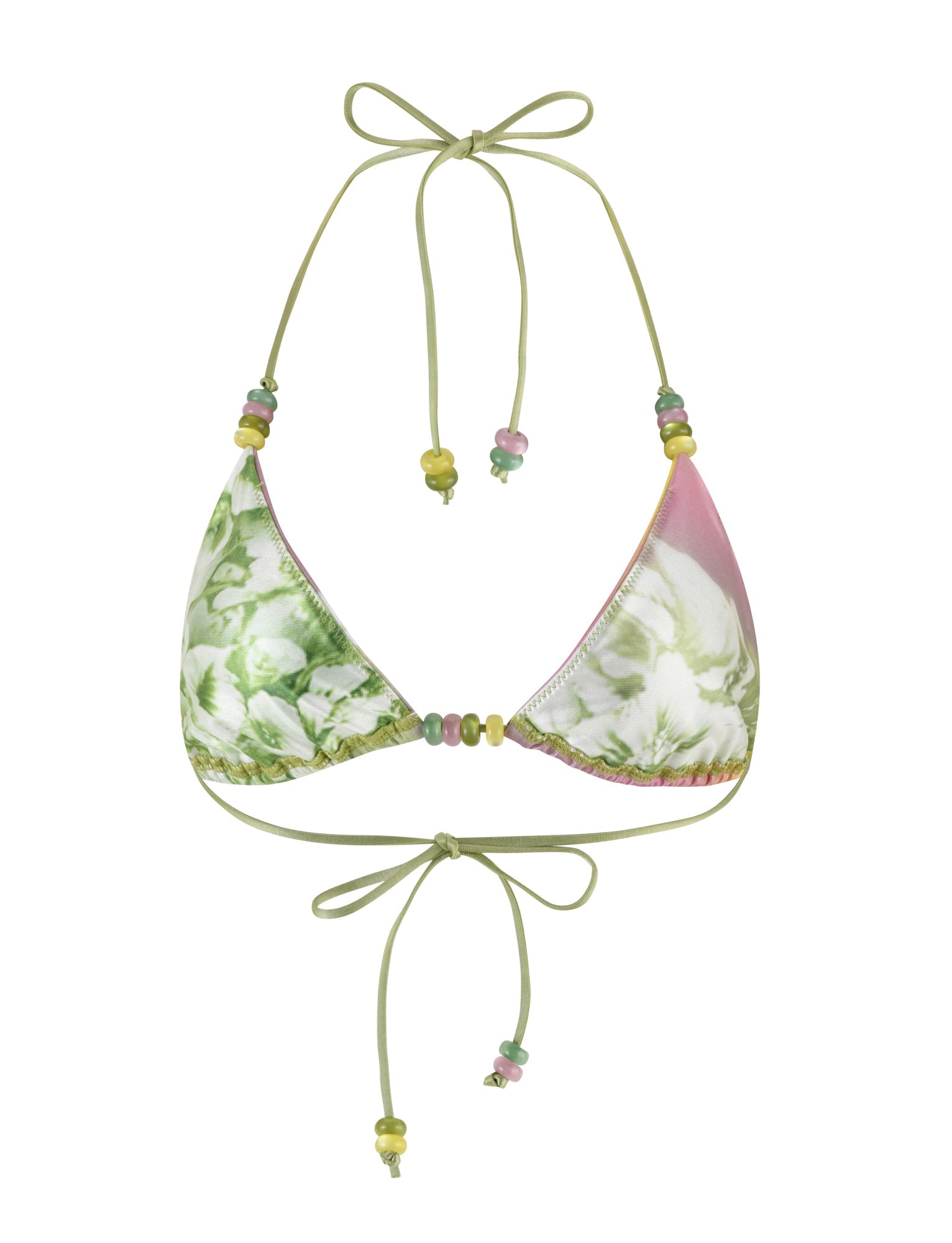 Discover the stunning appeal of the FINLEA BIKINI TOP by TIGERMIST. This tropical floral print bikini top with adjustable, bow-tied straps at both the neck and back is adorned with decorative beads in vibrant shades of yellow, green, and pink. The fabric showcases a captivating blend of green foliage and soft pink accents for an eye-catching look.