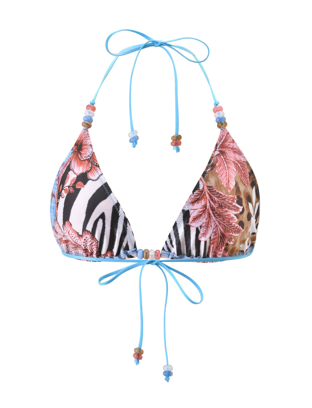The FINLEA BIKINI TOP - GLOBAL ANIMAL HAZE by TIGERMIST is an adjustable triangle top with blue string ties, colorful beads, and bold zebra, leopard, and floral prints for a vibrant style.