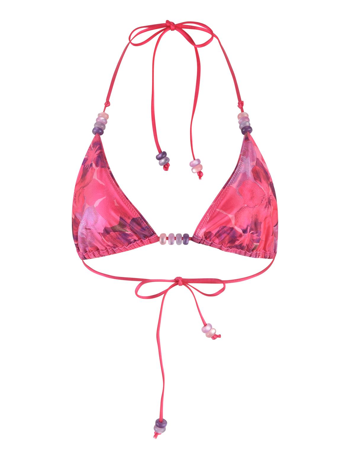 The FINLEA BIKINI TOP - PINK : HIBISCUS by TIGERMIST features a floral triangle design with adjustable halter neck and back tie straps, finished with delicate bead accents.