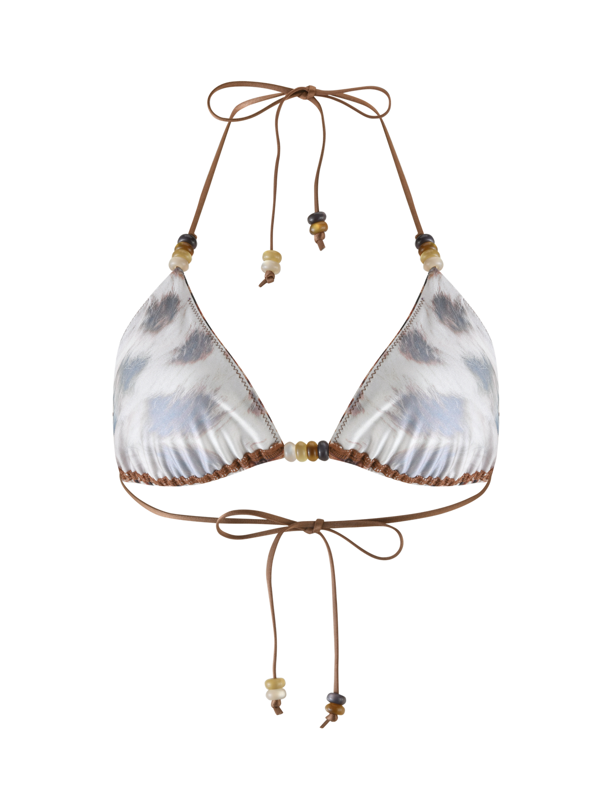 The TIGERMIST FINLEA BIKINI TOP in Leopard Haze features a brown and white leopard print, halter neck with brown ties at the neck and back, and decorative beads on the straps.