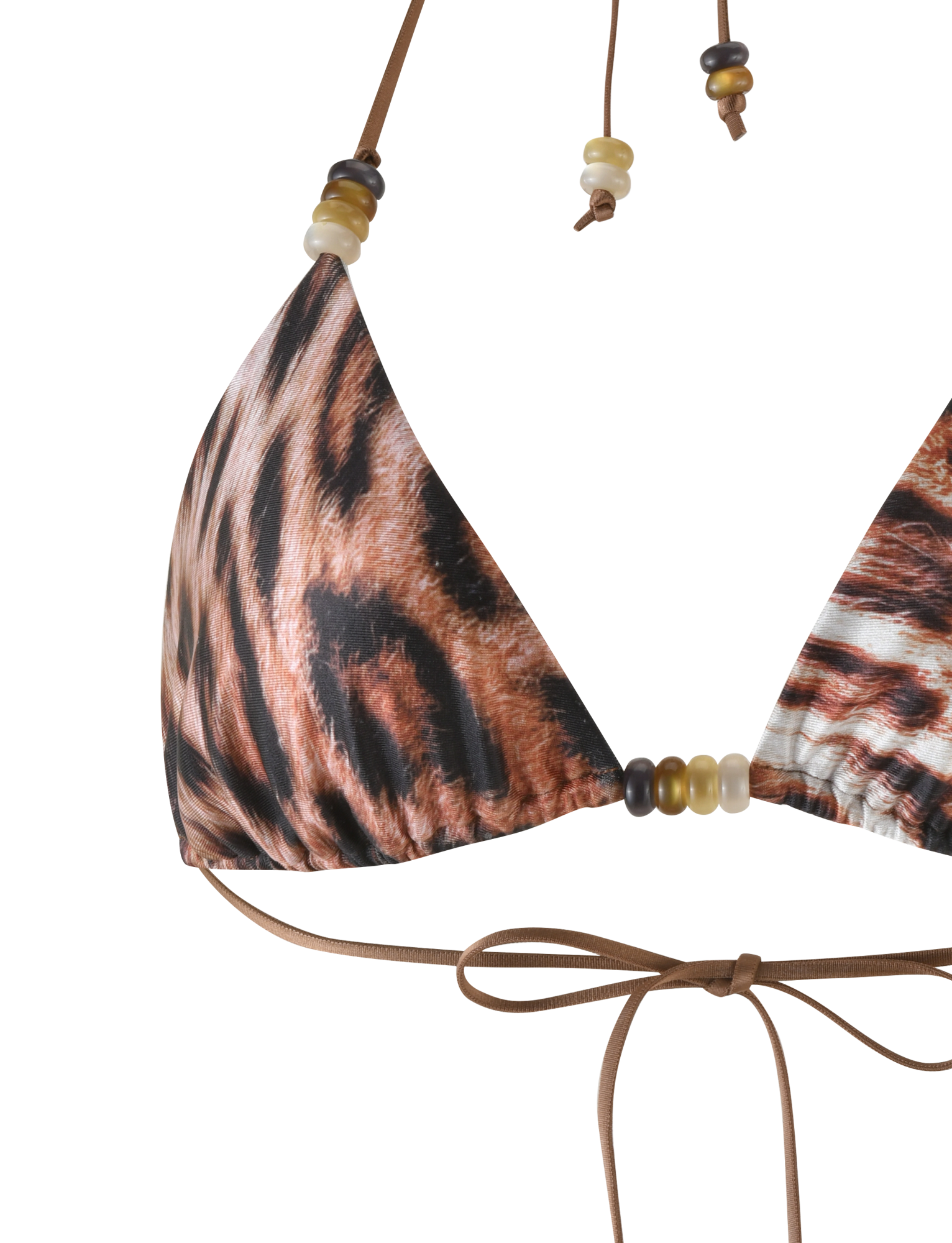 A close-up of the TIGERMIST FINLEA BIKINI TOP in Leopard Haze, featuring an adjustable triangle fit with a leopard print pattern, decorative beads on the straps, and a brown tie bow at the bottom.