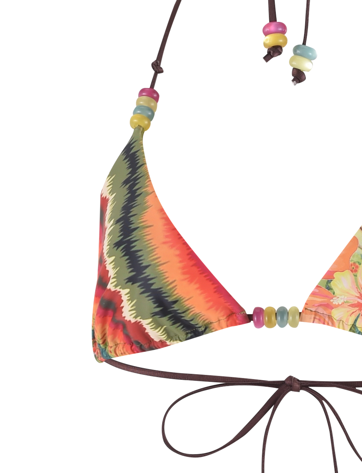 Close-up of the TIGERMIST FINLEA BIKINI TOP - MULTI: TROPICAL FLORAL featuring a zigzag tropical floral print, brown string ties, adjustable halter neck, and beaded colorful straps.