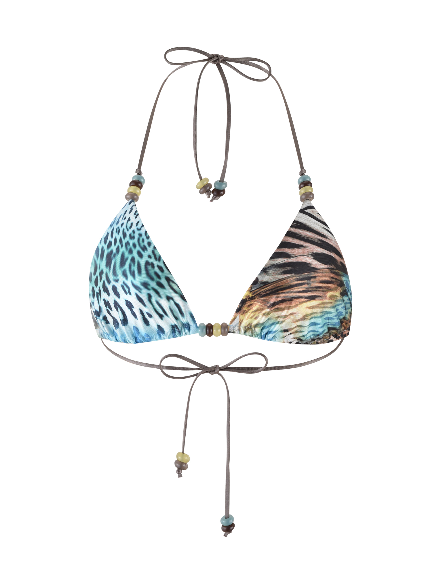 The TIGERMIST FINLEA BIKINI TOP - MULTI : ANIMAL : BUTTERFLY ANIMAL features mismatched blue leopard and brown tiger prints, an adjustable halter neck, and thin brown straps with decorative beads on the ties.