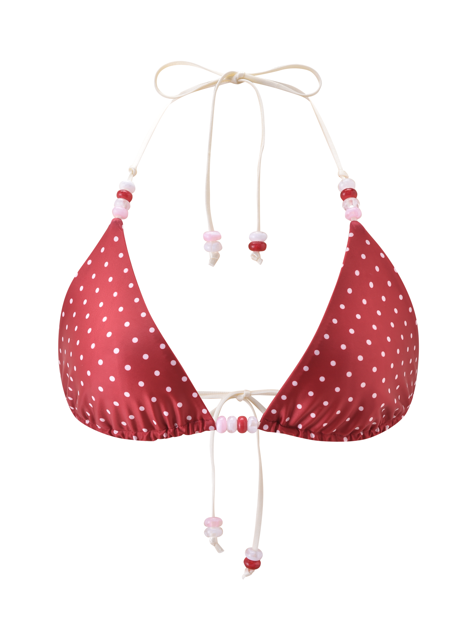 The FINLEA BIKINI TOP by TIGERMIST features a red and cream polka dot design, halter neck, and adjustable white strings with pink and red beads, shown on a plain white background.