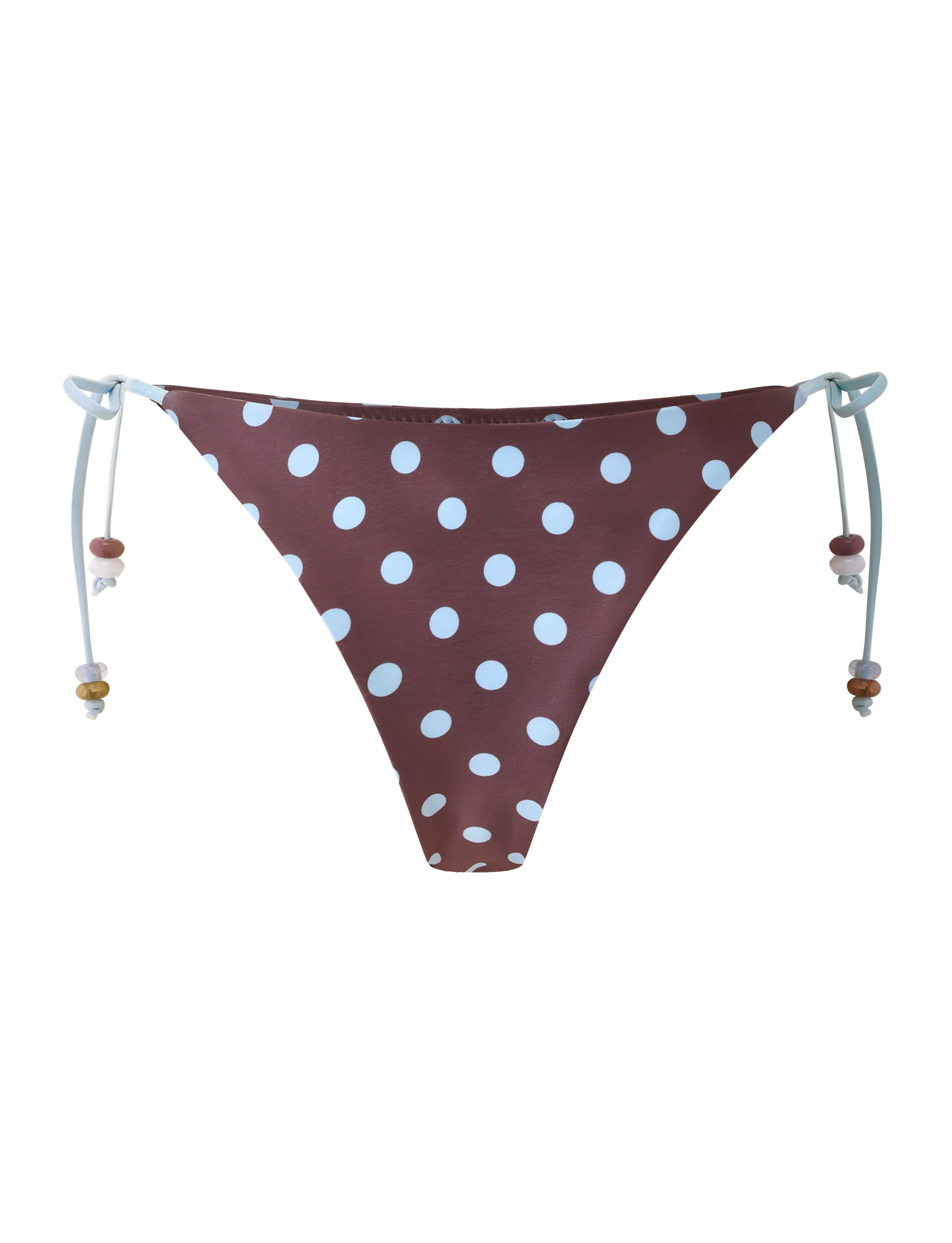 The FINLEA BIKINI BOTTOM by TIGERMIST features a brown and blue polka dot design with adjustable blue side ties finished with small decorative beads.