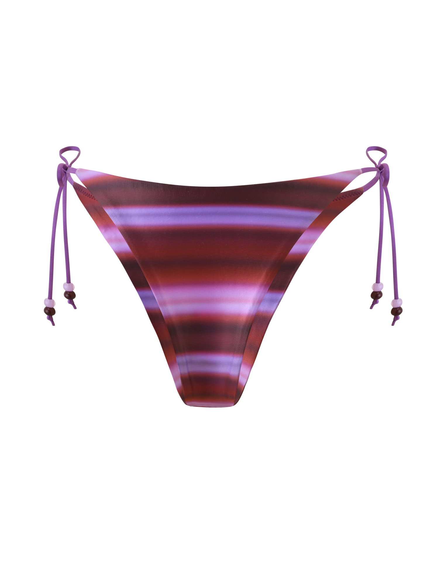 The TIGERMIST FINLEA BIKINI BOTTOM - DUSK OMBRE STRIPE features cheeky coverage, purple side ties with bead accents, and red, pink, and ombre purple stripes, all shown against a plain white background.