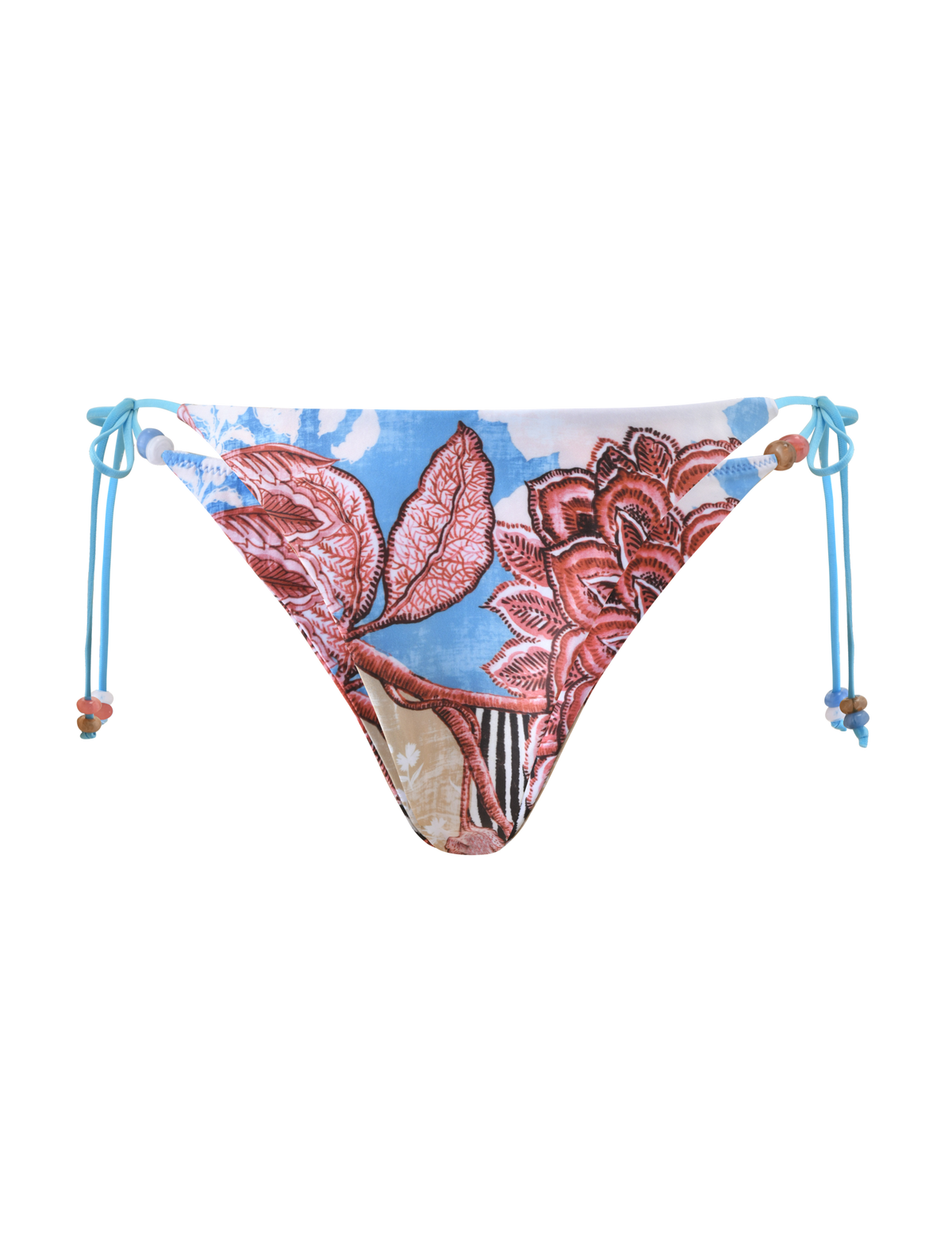 The TIGERMIST FINLEA BIKINI BOTTOM - GLOBAL ANIMAL HAZE features a bold, colorful leaf pattern with blue sky accents, blue side ties, and small bead details.