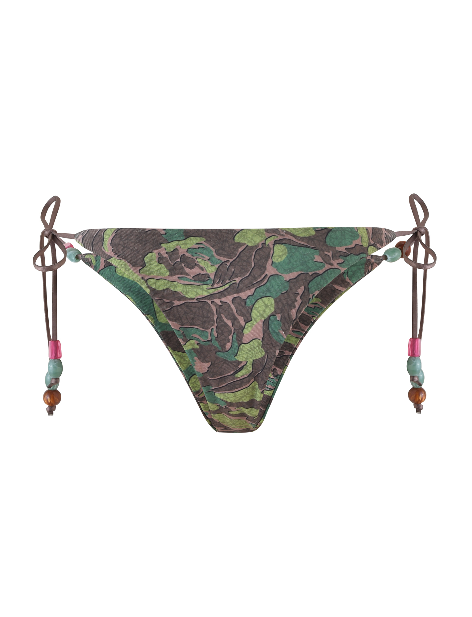 The FINLEA BIKINI BOTTOM - GREEN : CAMO by TIGERMIST features a cheeky cut in green, brown, and black camo, with adjustable brown side ties decorated with pink, blue, and brown beads.
